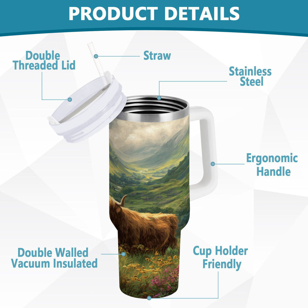 30 oz Insulated Stainless Steel Tumbler Double Wall Stainless Steel Tumbler with 2-Way Drinking Cow in Green Rolling Hills Q5MV