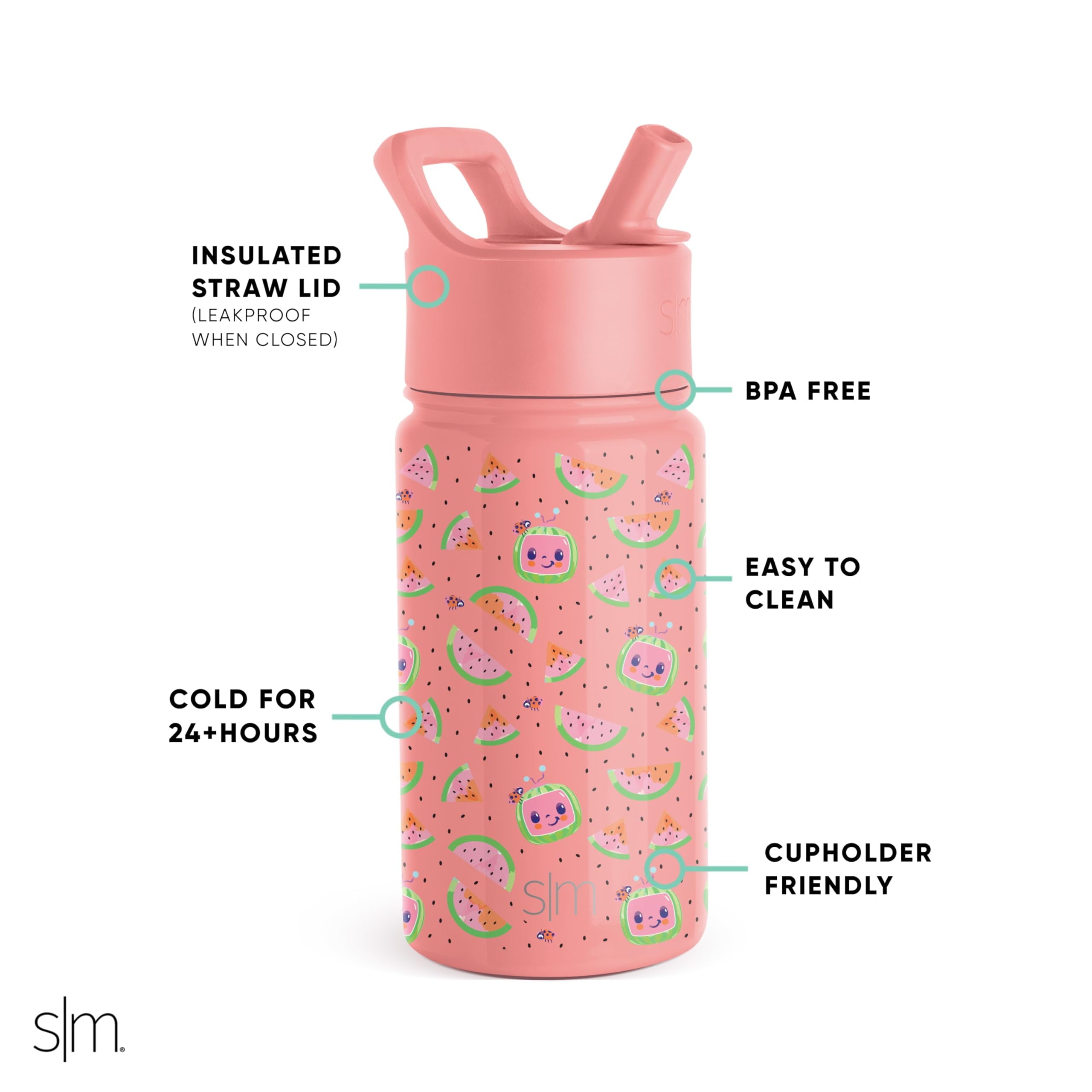 Simple Modern CoComelon Kids Water Bottle with Straw Lid | Insulated Stainless Steel Reusable Tumbler for Toddlers, Girls | Summit Collection | 14oz, CoComelon Pink Melon 68PM