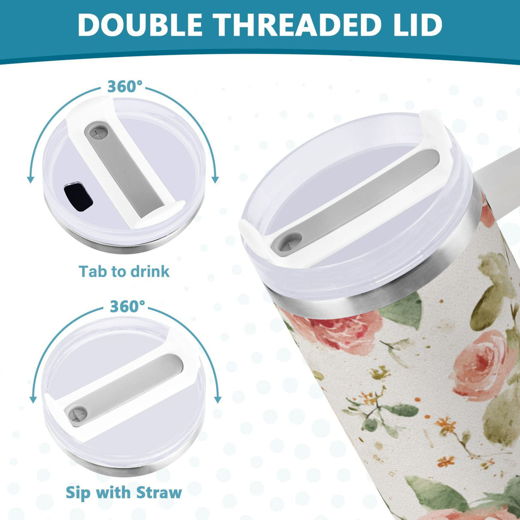 40 oz Insulated Stainless Steel Tumbler Double Wall Stainless Steel Tumbler with 2-Way Drinking Watercolor Rose Floral Pattern 48QI