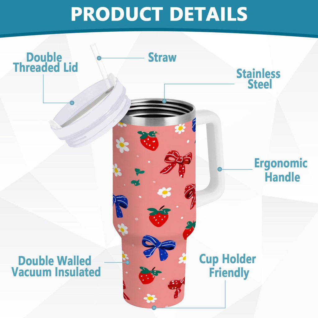 40 oz Insulated Stainless Steel Tumbler Double Wall Stainless Steel Tumbler with 2-Way Drinking Bows and Strawberries Pattern E9AK