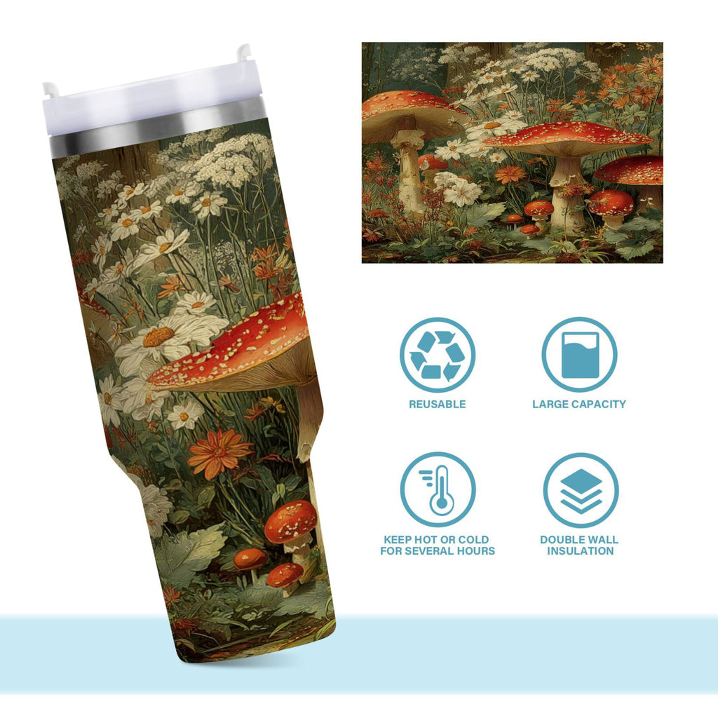 40 oz Insulated Stainless Steel Tumbler Double Wall Stainless Steel Tumbler with 2-Way Drinking Red Mushrooms 6D5T