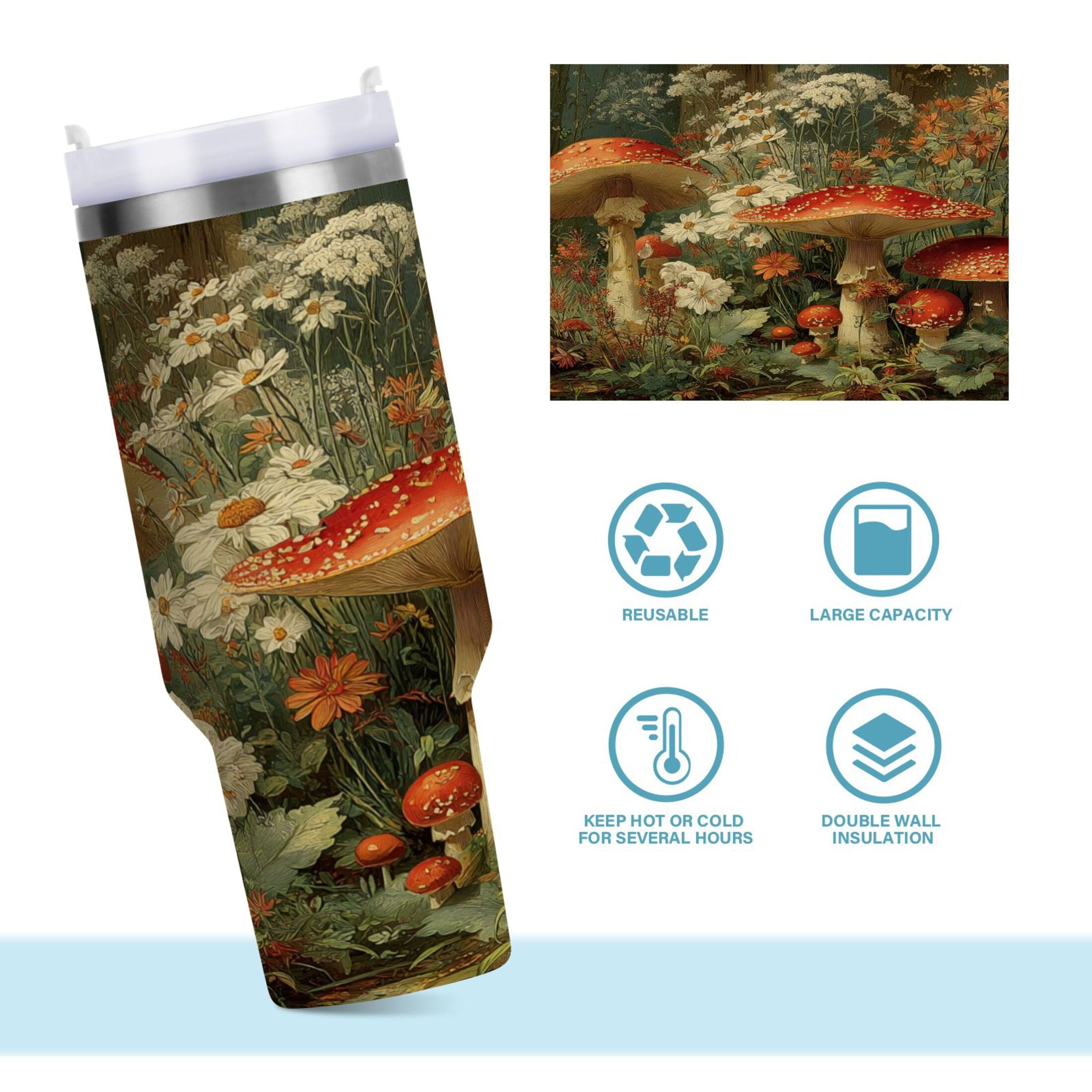 40 oz Insulated Stainless Steel Tumbler Double Wall Stainless Steel Tumbler with 2-Way Drinking Red Mushrooms 6D5T