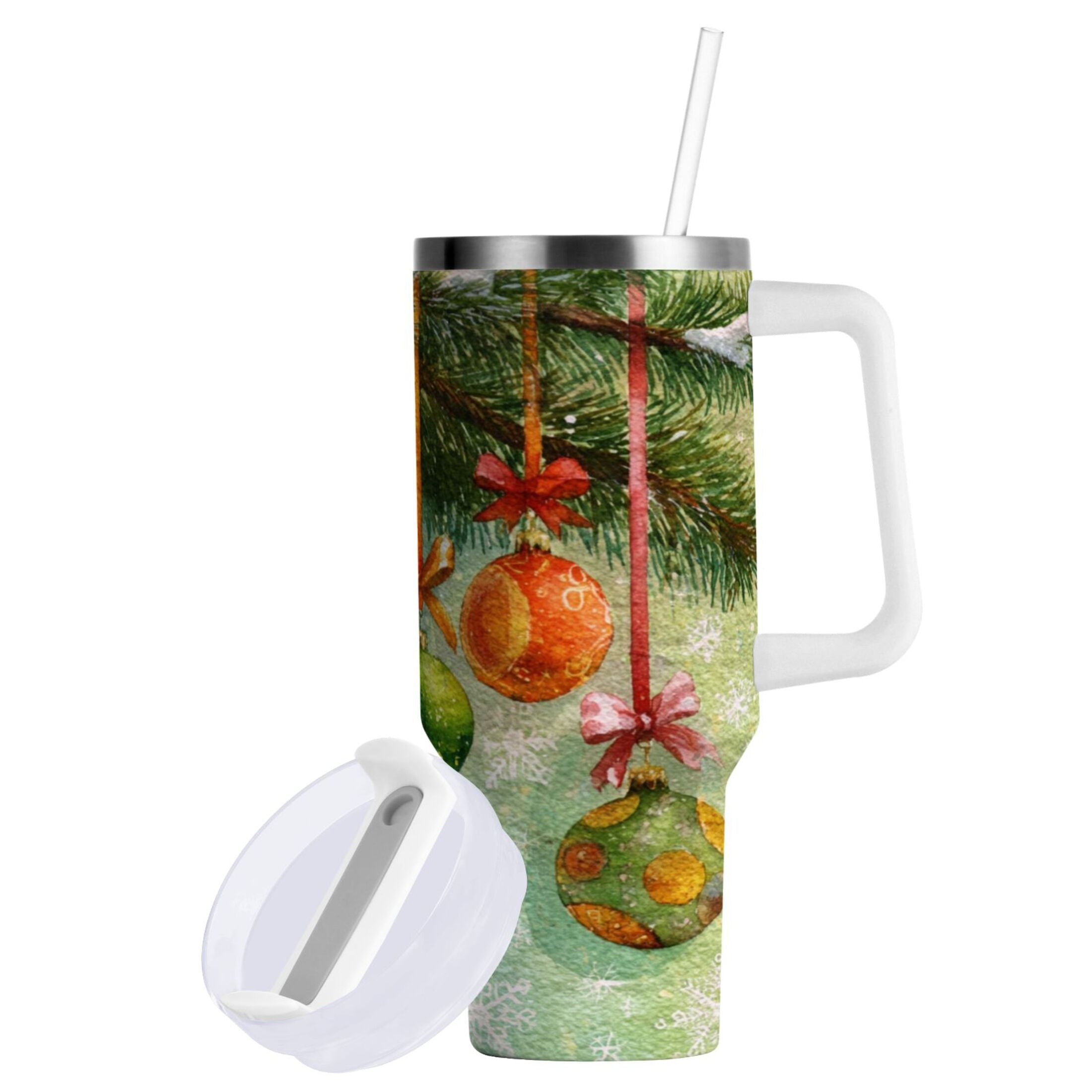 30 oz Insulated Stainless Steel Tumbler Double Wall Stainless Steel Tumbler with 2-Way Drinking Christmas Ornaments Watercolor Painting 3YZI