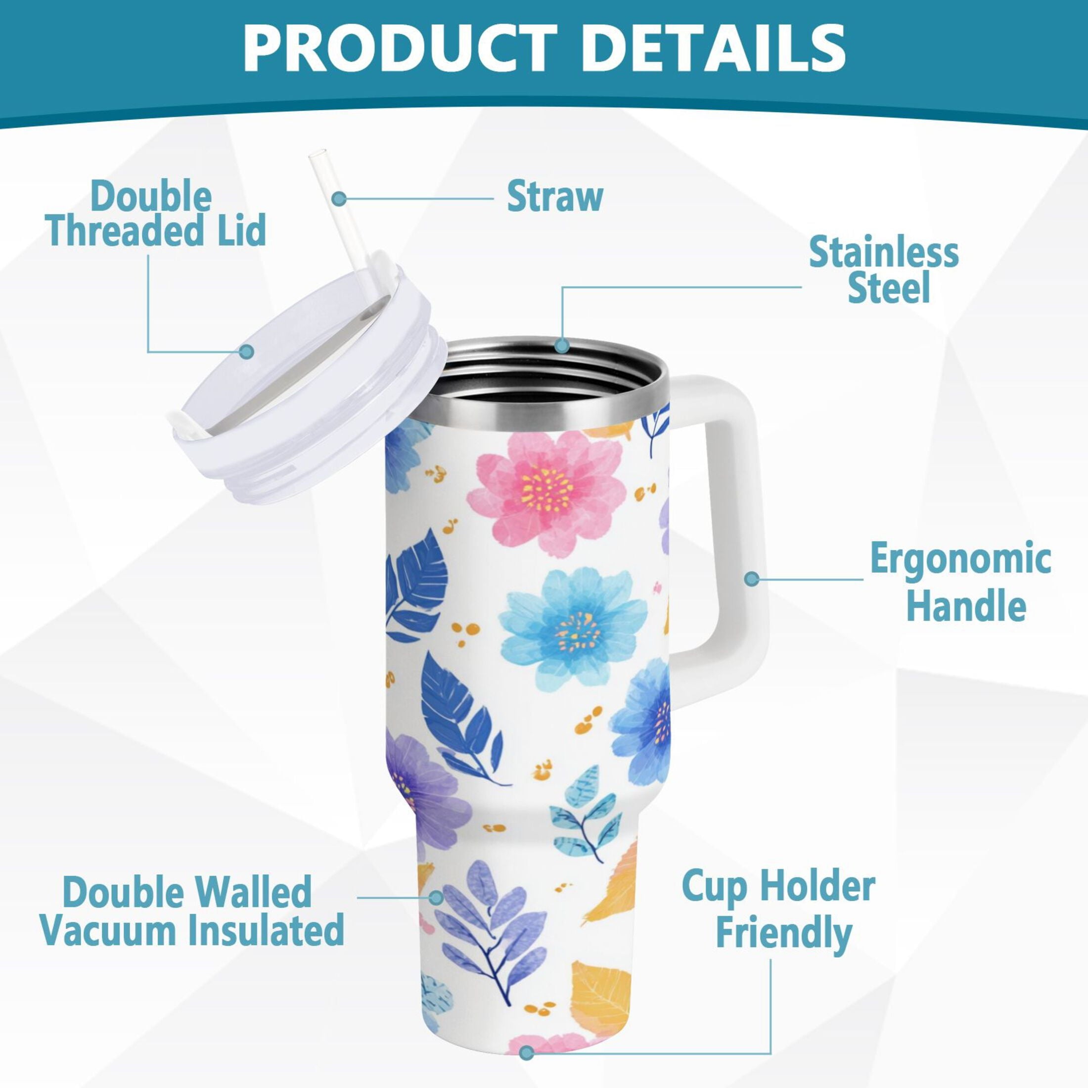 30 oz Insulated Stainless Steel Tumbler Double Wall Stainless Steel Tumbler with 2-Way Drinking Blue and Purple Flowers PV51