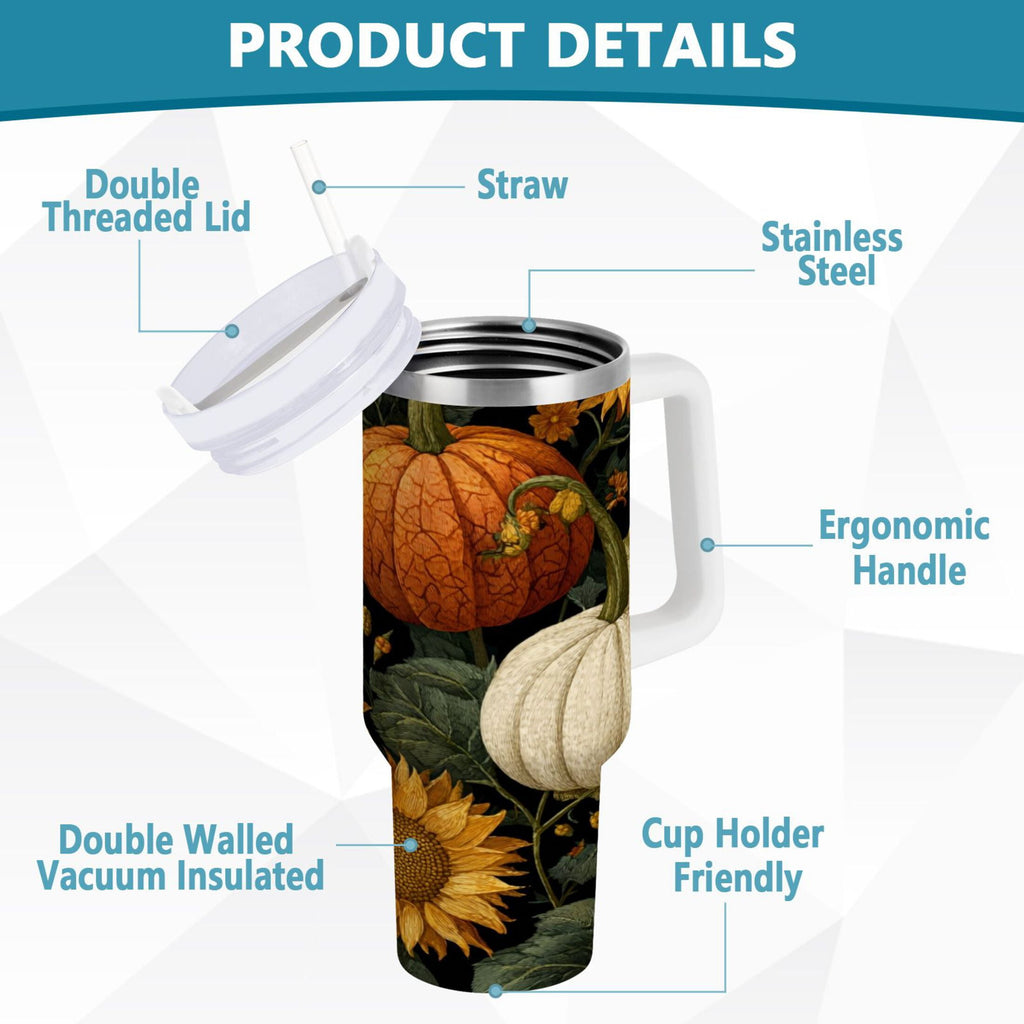 40 oz Insulated Stainless Steel Tumbler Double Wall Stainless Steel Tumbler with 2-Way Drinking Pumpkins and Sunflowers Pattern M2I1