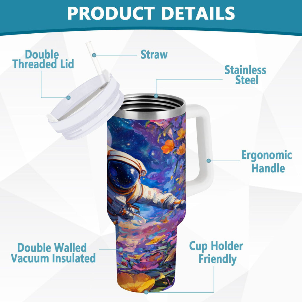 40 oz Insulated Stainless Steel Tumbler Double Wall Stainless Steel Tumbler with 2-Way Drinking Astronaut and Colorful Flowers YQOR