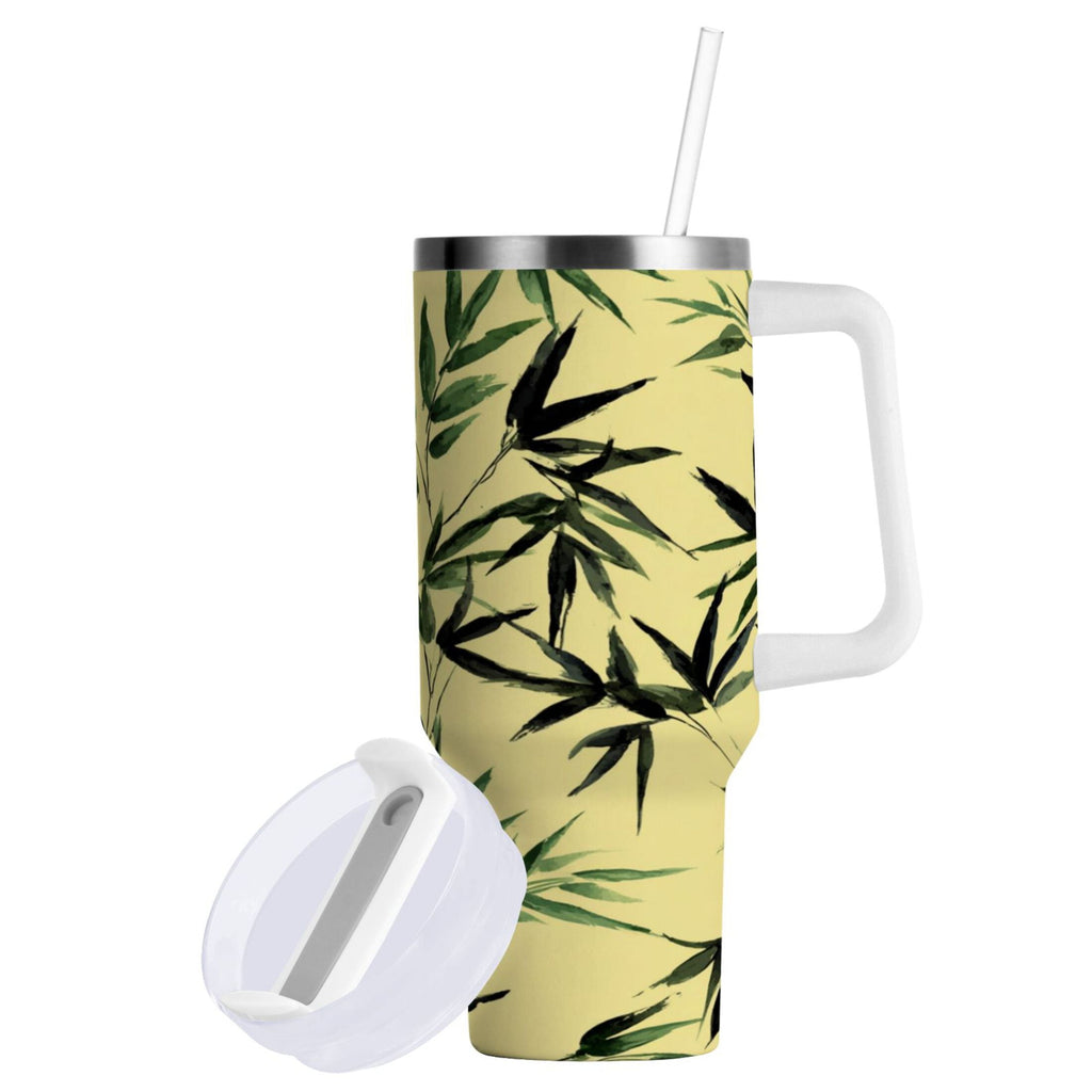 30 oz Insulated Stainless Steel Tumbler Double Wall Stainless Steel Tumbler with 2-Way Drinking Bamboo and Green Leaves ZJUZ