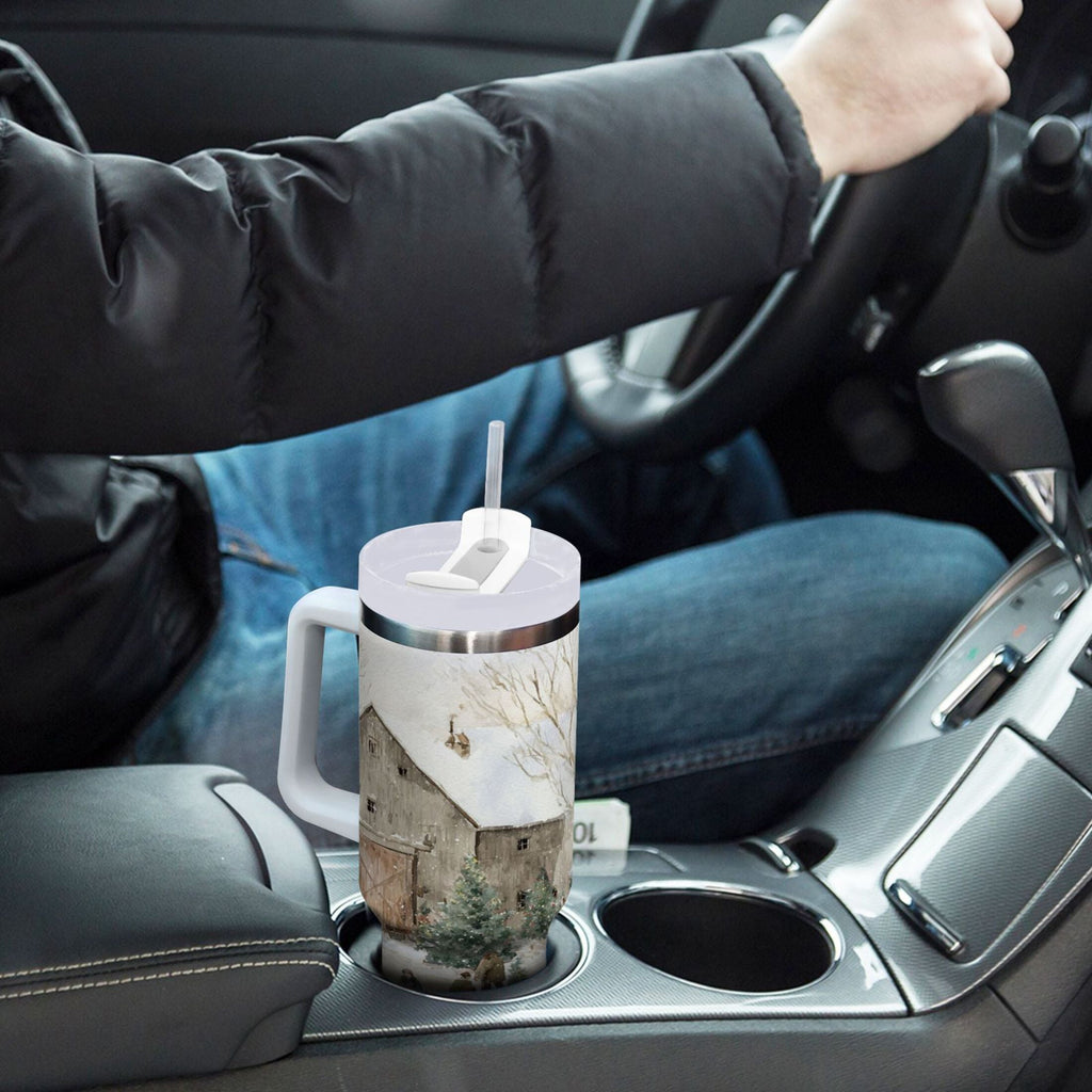 40 oz Insulated Stainless Steel Tumbler Double Wall Stainless Steel Tumbler with 2-Way Drinking Farm Snow Scene T8KK