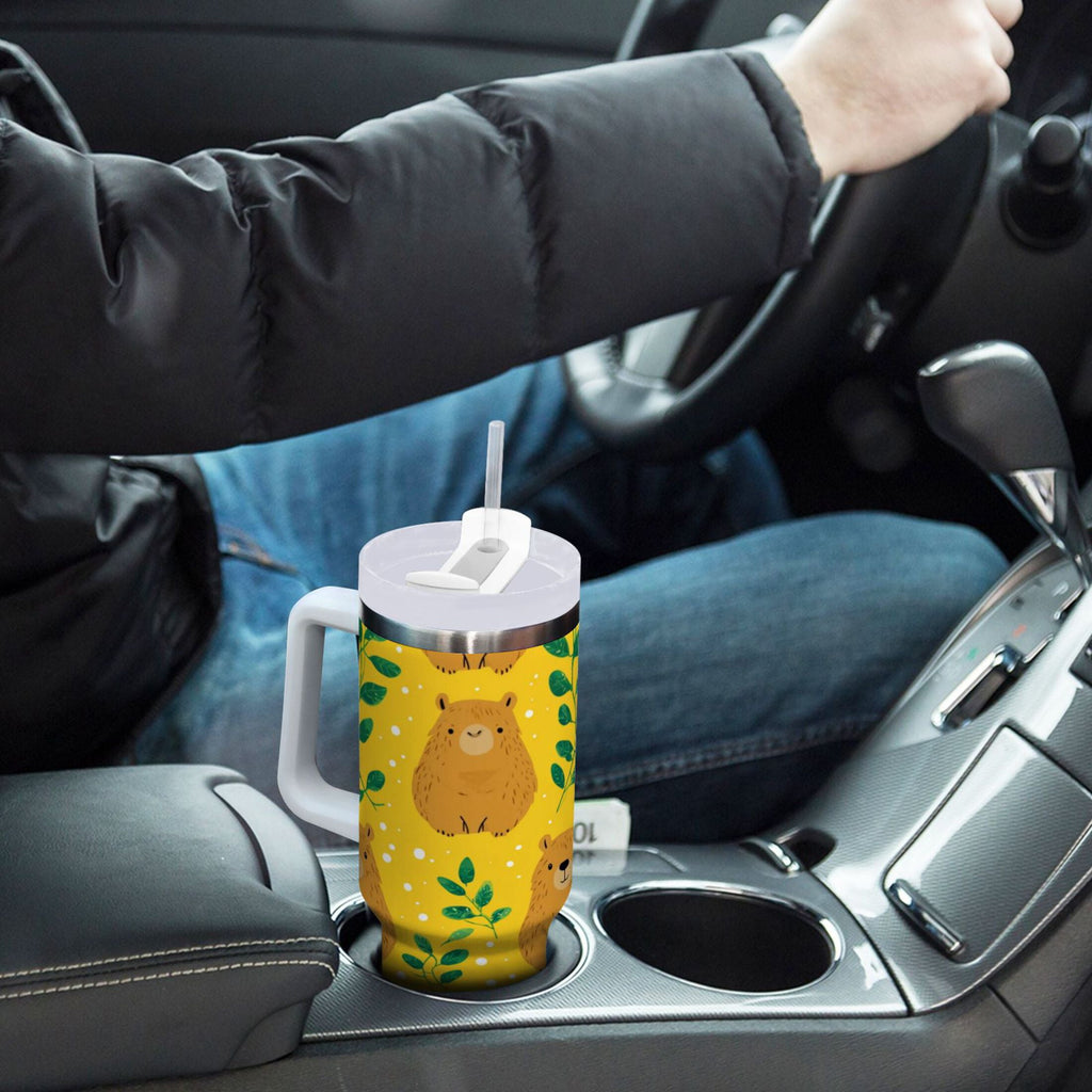 30 oz Insulated Stainless Steel Tumbler Double Wall Stainless Steel Tumbler with 2-Way Drinking Capybara and Green Leaves LZSI