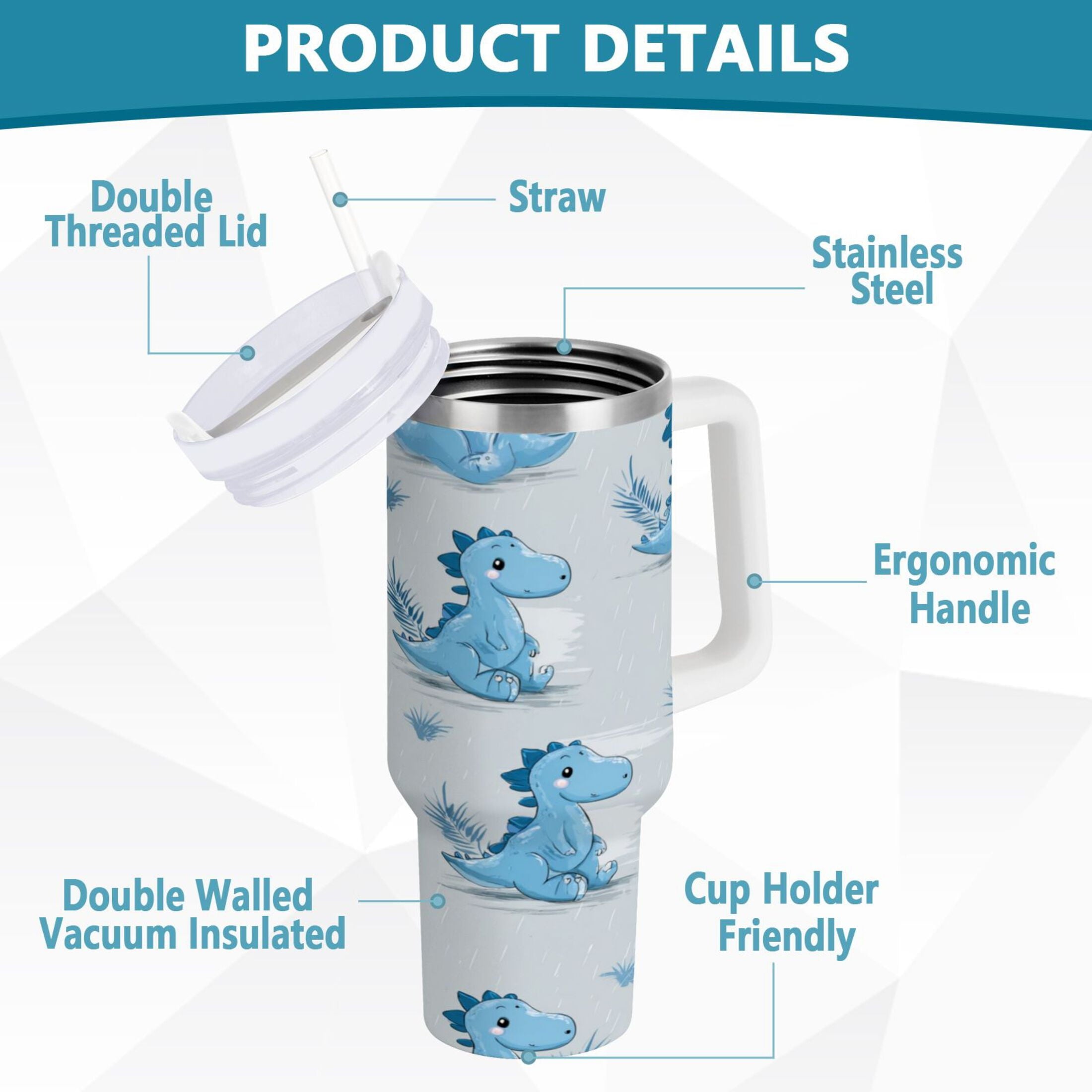 30 oz Insulated Stainless Steel Tumbler Double Wall Stainless Steel Tumbler with 2-Way Drinking Cartoon Blue Dinosaurs FNMJ