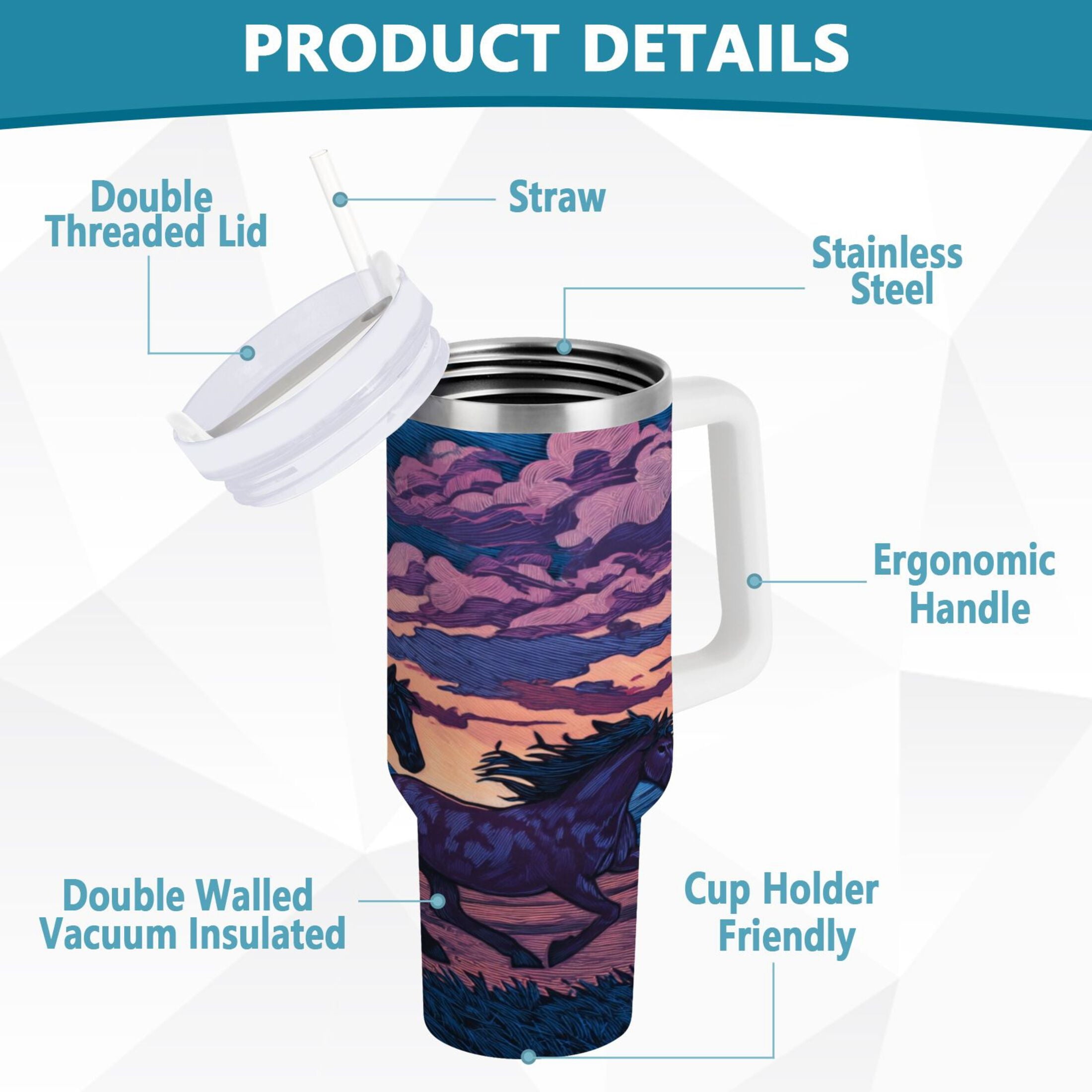 40 oz Insulated Stainless Steel Tumbler Double Wall Stainless Steel Tumbler with 2-Way Drinking Wild Horses Running OF1C