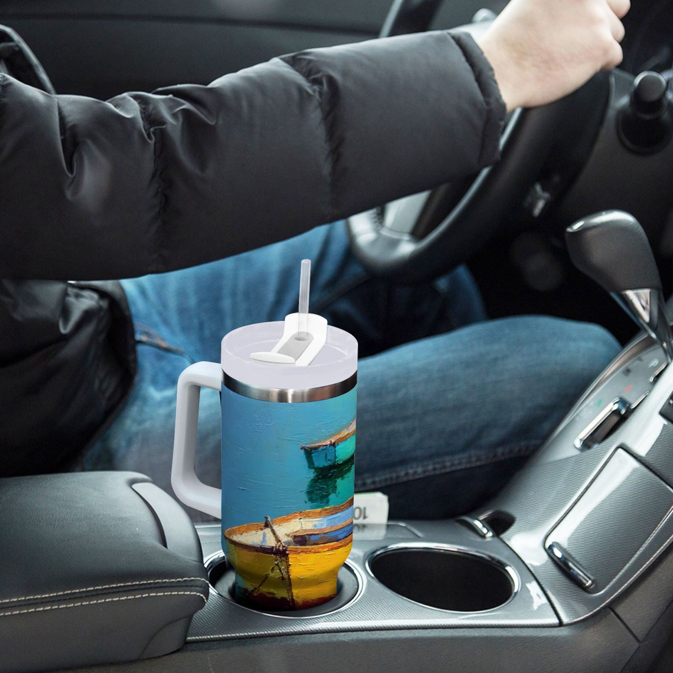 30 oz Insulated Stainless Steel Tumbler Double Wall Stainless Steel Tumbler with 2-Way Drinking Colorful Row Boats O5UI