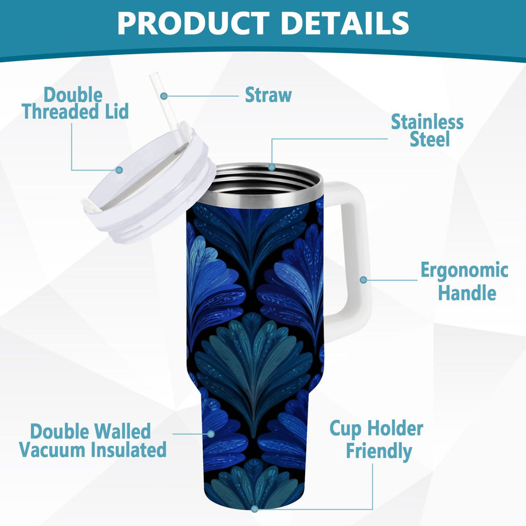30 oz Insulated Stainless Steel Tumbler Double Wall Stainless Steel Tumbler with 2-Way Drinking Blue Batik Leaves Pattern ERED