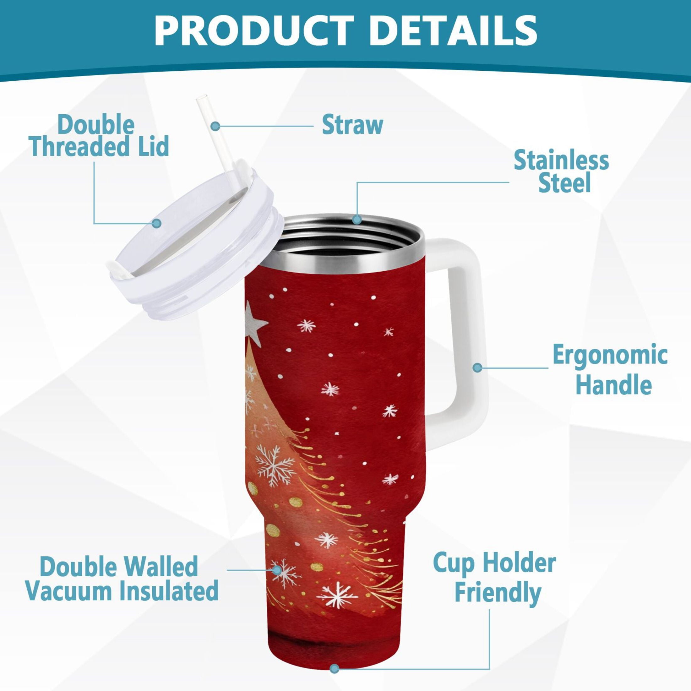 40 oz Insulated Stainless Steel Tumbler Double Wall Stainless Steel Tumbler with 2-Way Drinking Red Christmas Tree F7JE