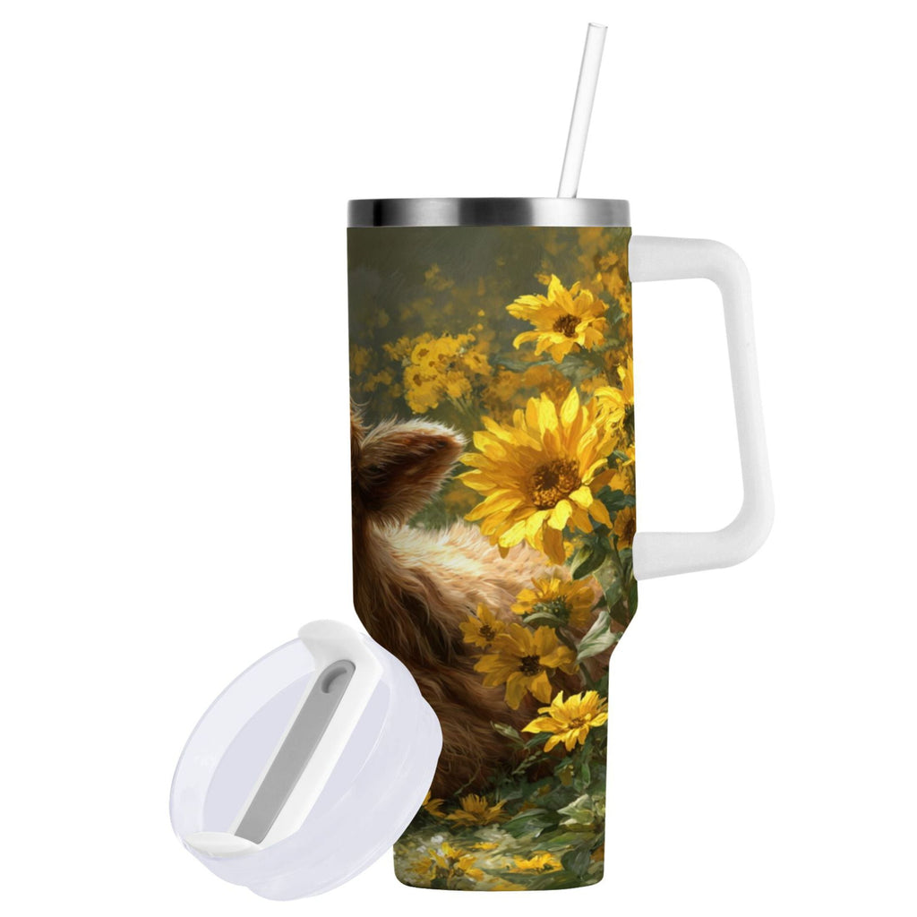 40 oz Insulated Stainless Steel Tumbler Double Wall Stainless Steel Tumbler with 2-Way Drinking Cow Lying in Sunflowers 36XG