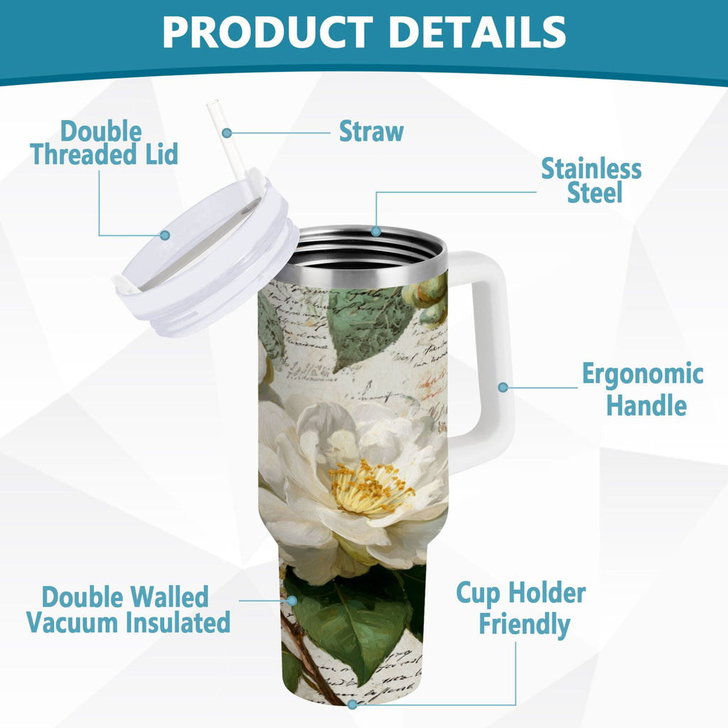 40 oz Insulated Stainless Steel Tumbler Double Wall Stainless Steel Tumbler with 2-Way Drinking Vintage White Camellias AJEN