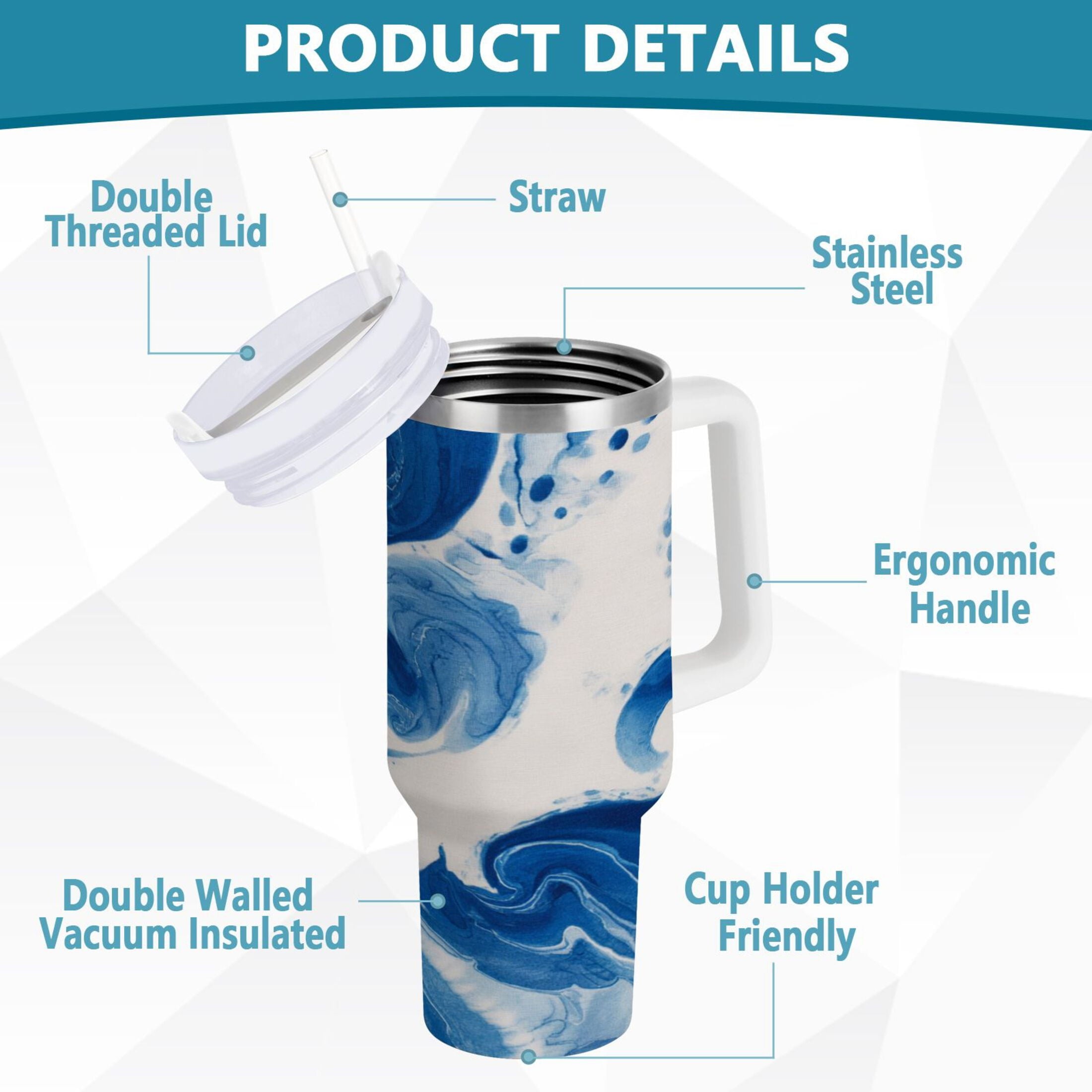 40 oz Insulated Stainless Steel Tumbler Double Wall Stainless Steel Tumbler with 2-Way Drinking Indigo Blue Tie-dye Pattern 12BO