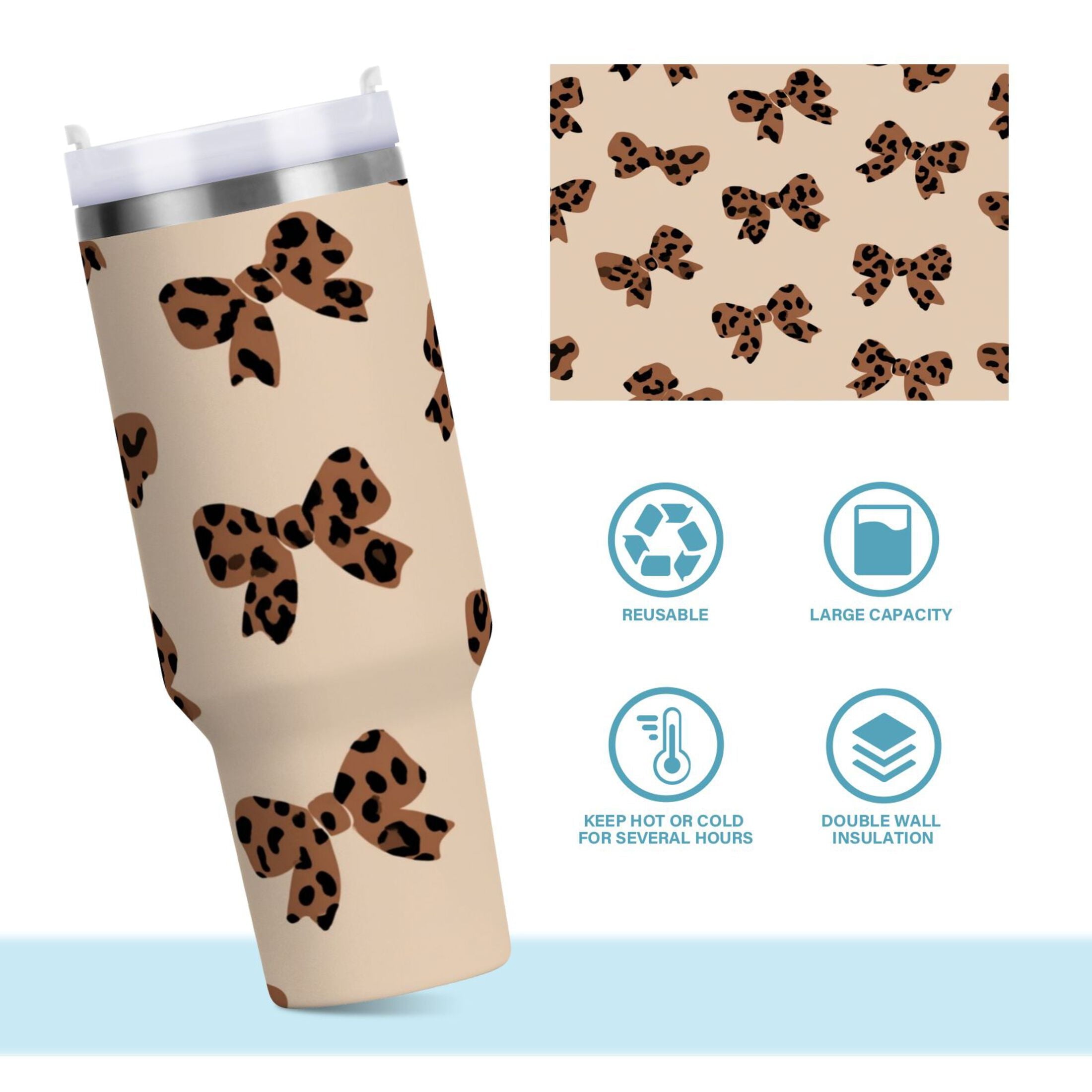 30 oz Insulated Stainless Steel Tumbler Double Wall Stainless Steel Tumbler with 2-Way Drinking Cute Brown Bow DEBH