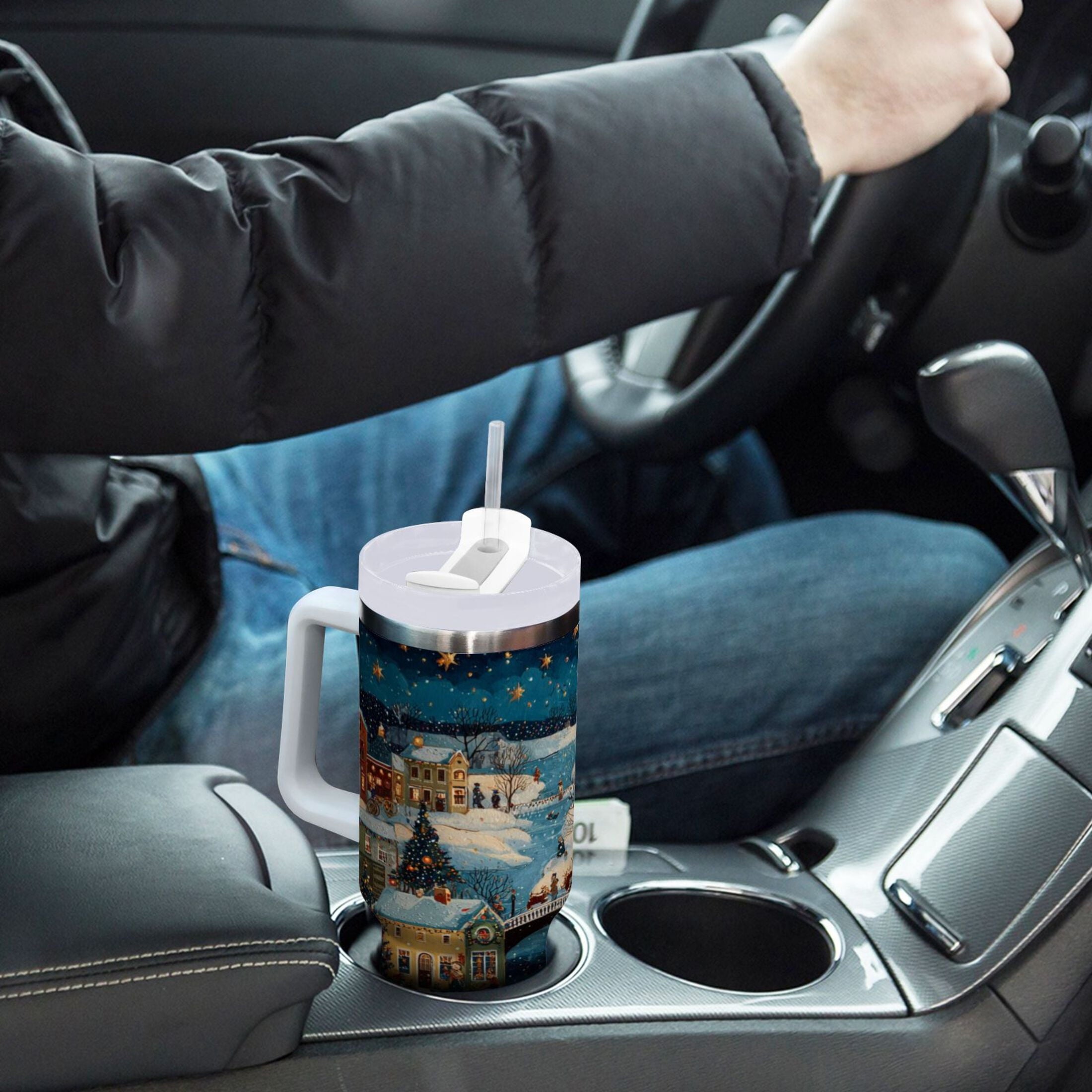 30 oz Insulated Stainless Steel Tumbler Double Wall Stainless Steel Tumbler with 2-Way Drinking Whimsical Christmas Scene MB59
