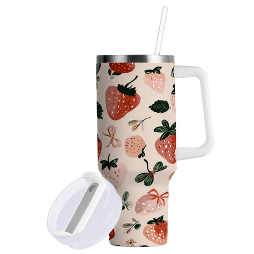 30 oz Insulated Stainless Steel Tumbler Double Wall Stainless Steel Tumbler with 2-Way Drinking Cute Pinks Strawberries PV8B