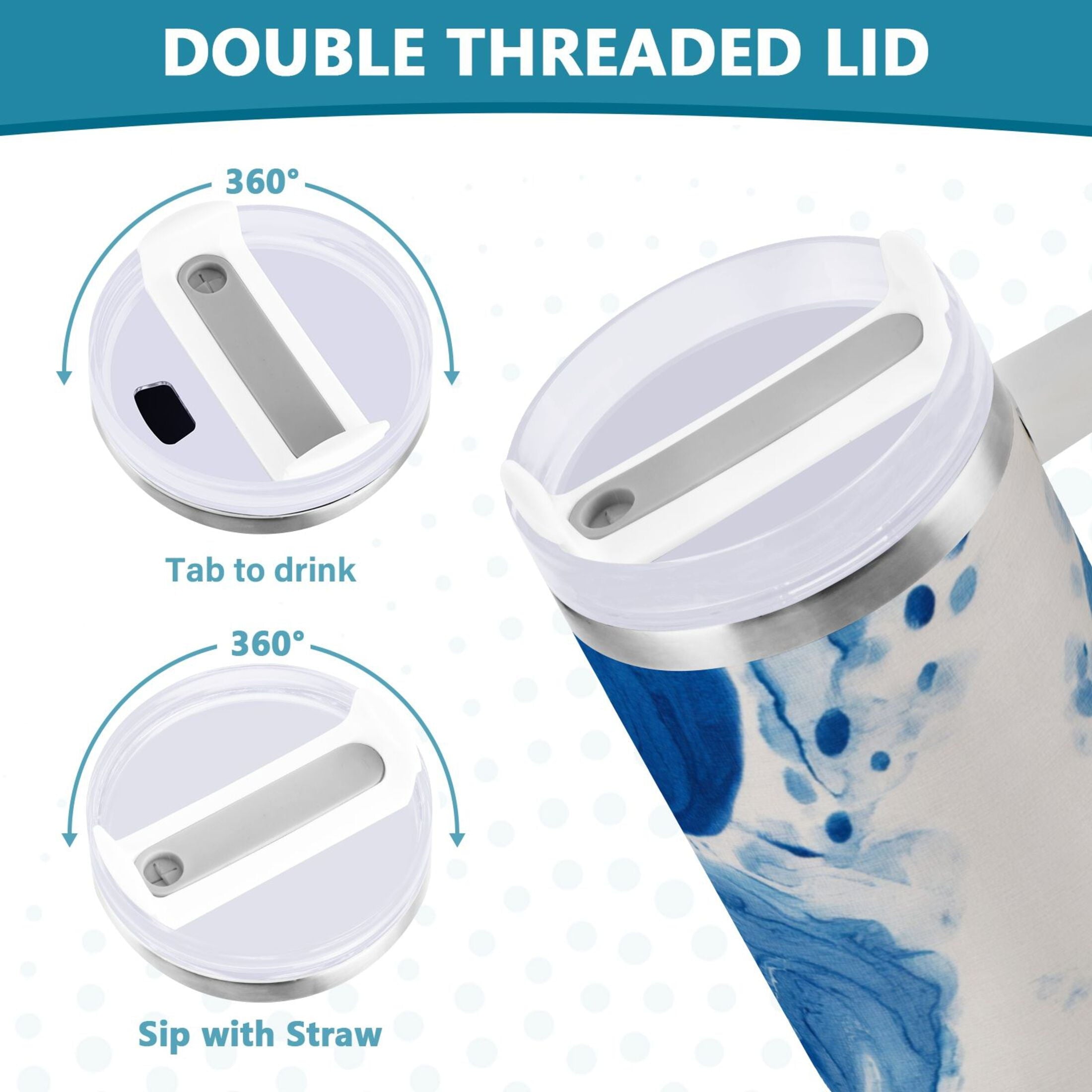 40 oz Insulated Stainless Steel Tumbler Double Wall Stainless Steel Tumbler with 2-Way Drinking Indigo Blue Tie-dye Pattern 12BO
