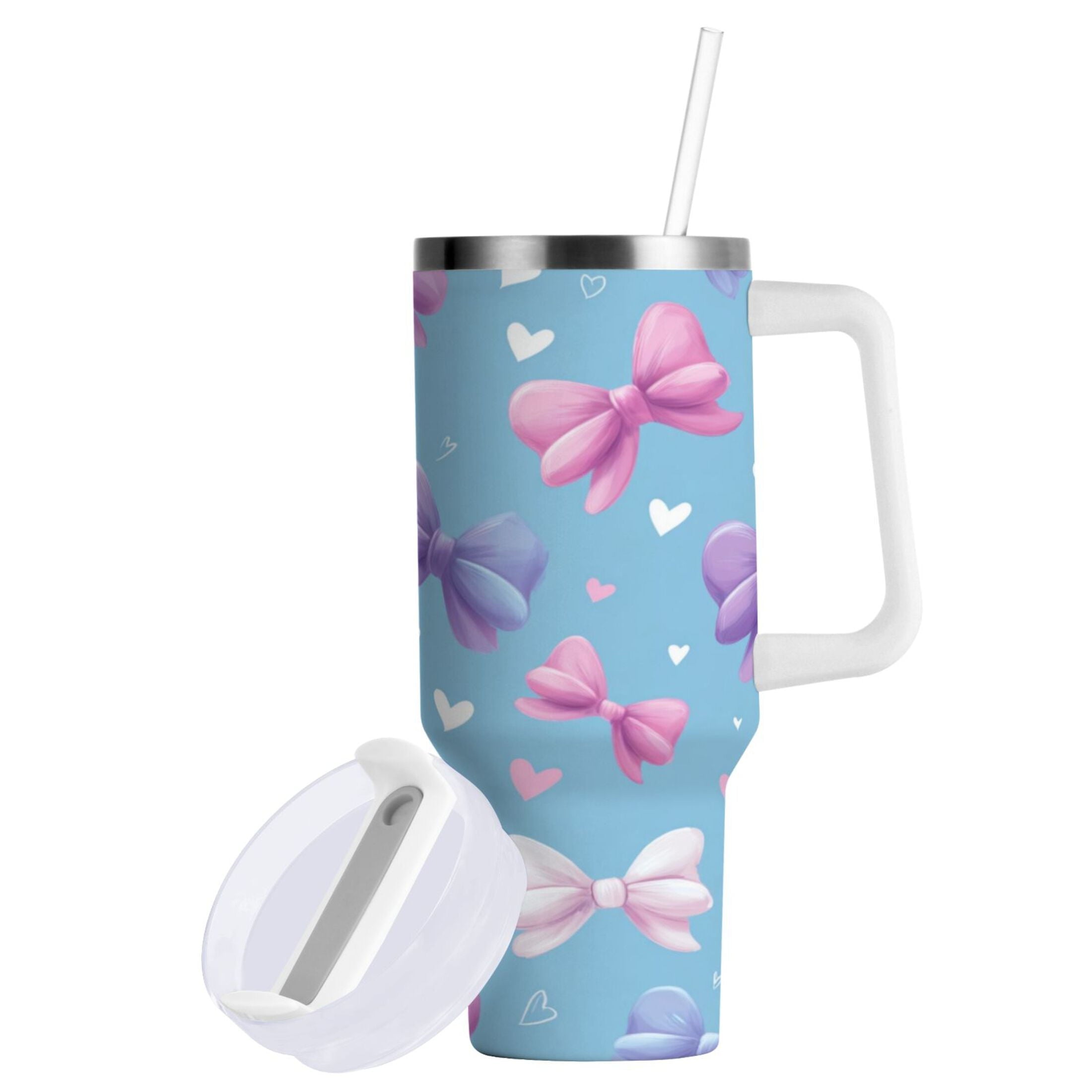 30 oz Insulated Stainless Steel Tumbler Double Wall Stainless Steel Tumbler with 2-Way Drinking Pink and Purple Bows 2NBM