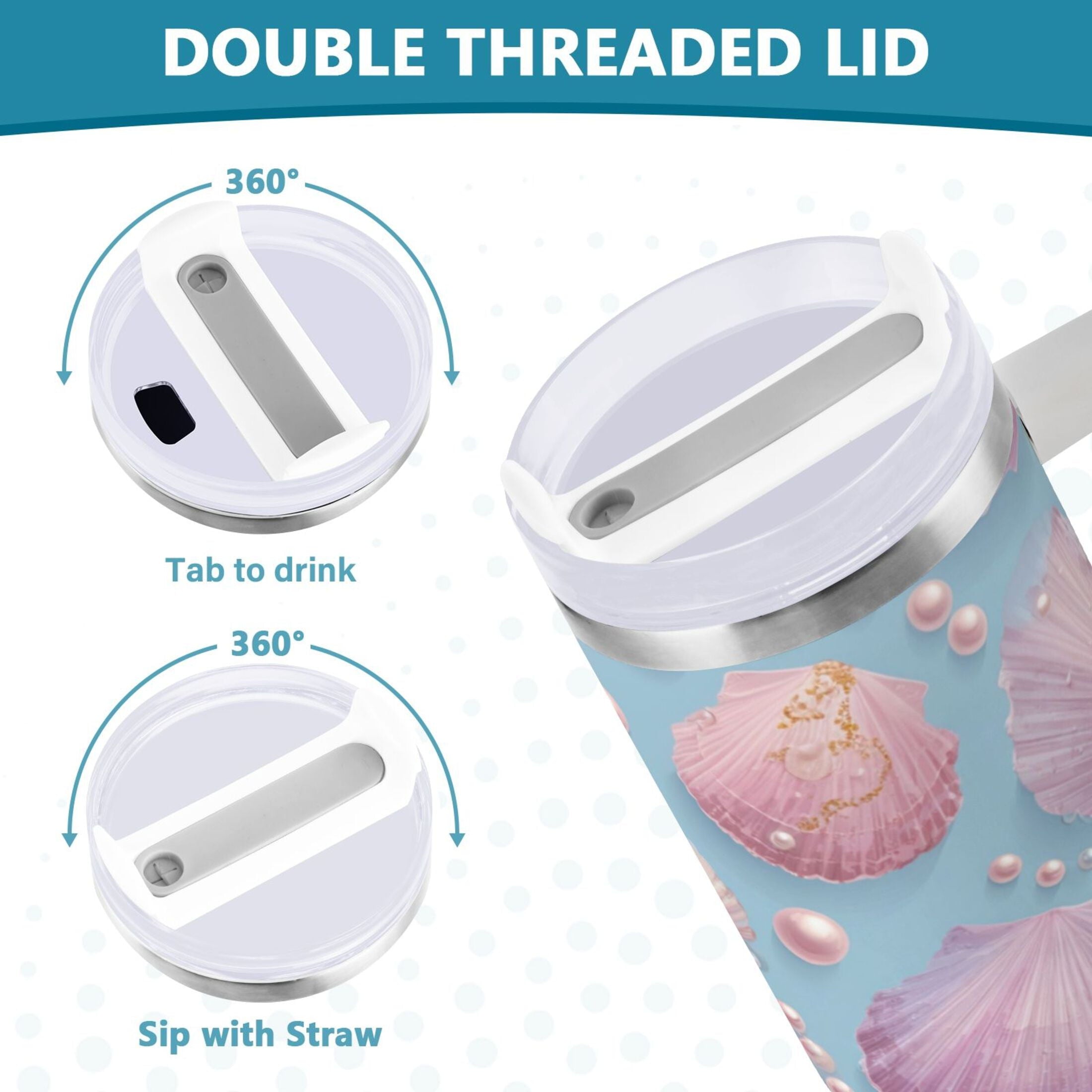 40 oz Insulated Stainless Steel Tumbler Double Wall Stainless Steel Tumbler with 2-Way Drinking Seashells and Pearls Pattern I05D
