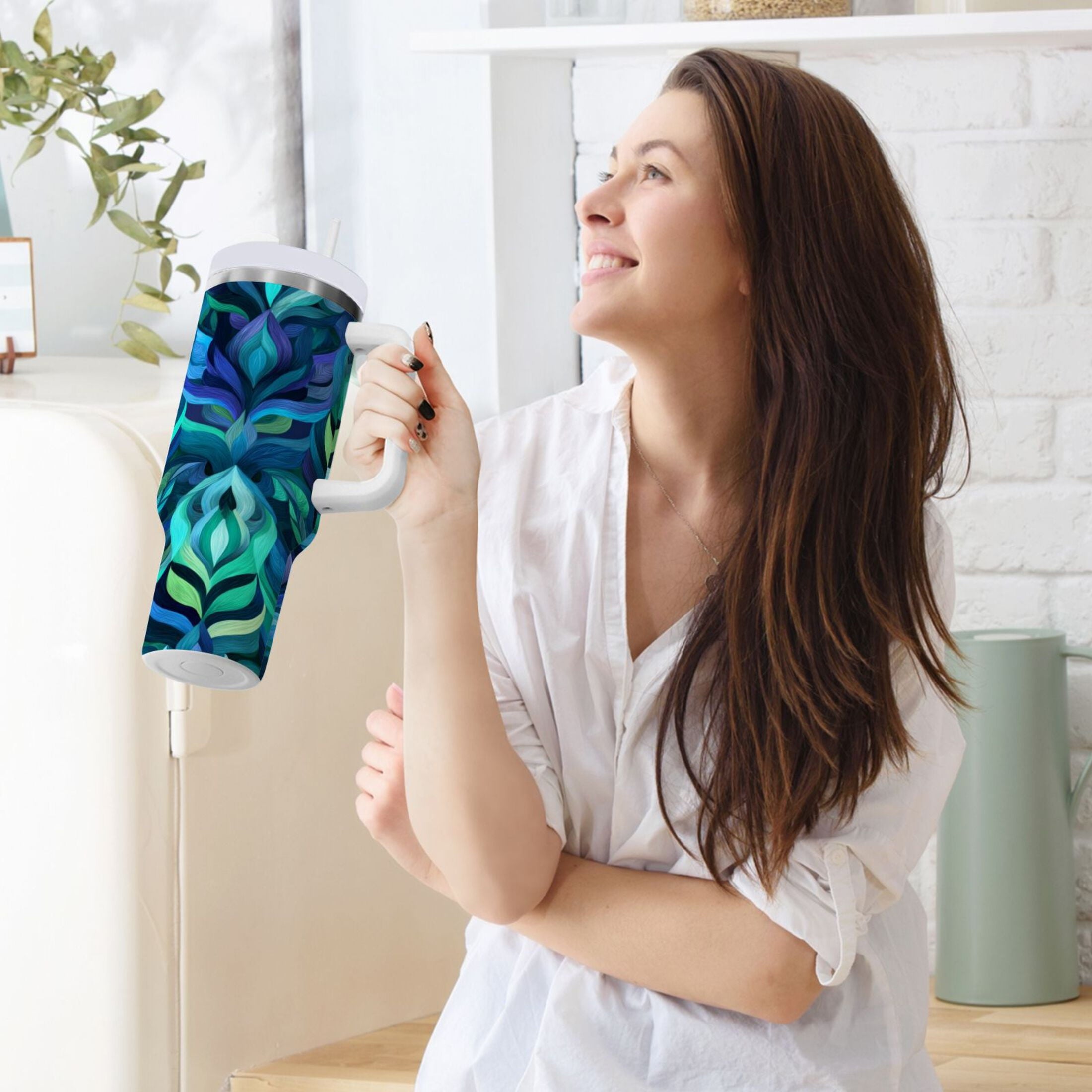 40 oz Insulated Stainless Steel Tumbler Double Wall Stainless Steel Tumbler with 2-Way Drinking Elegant Blue Abstract Shapes 0AR8