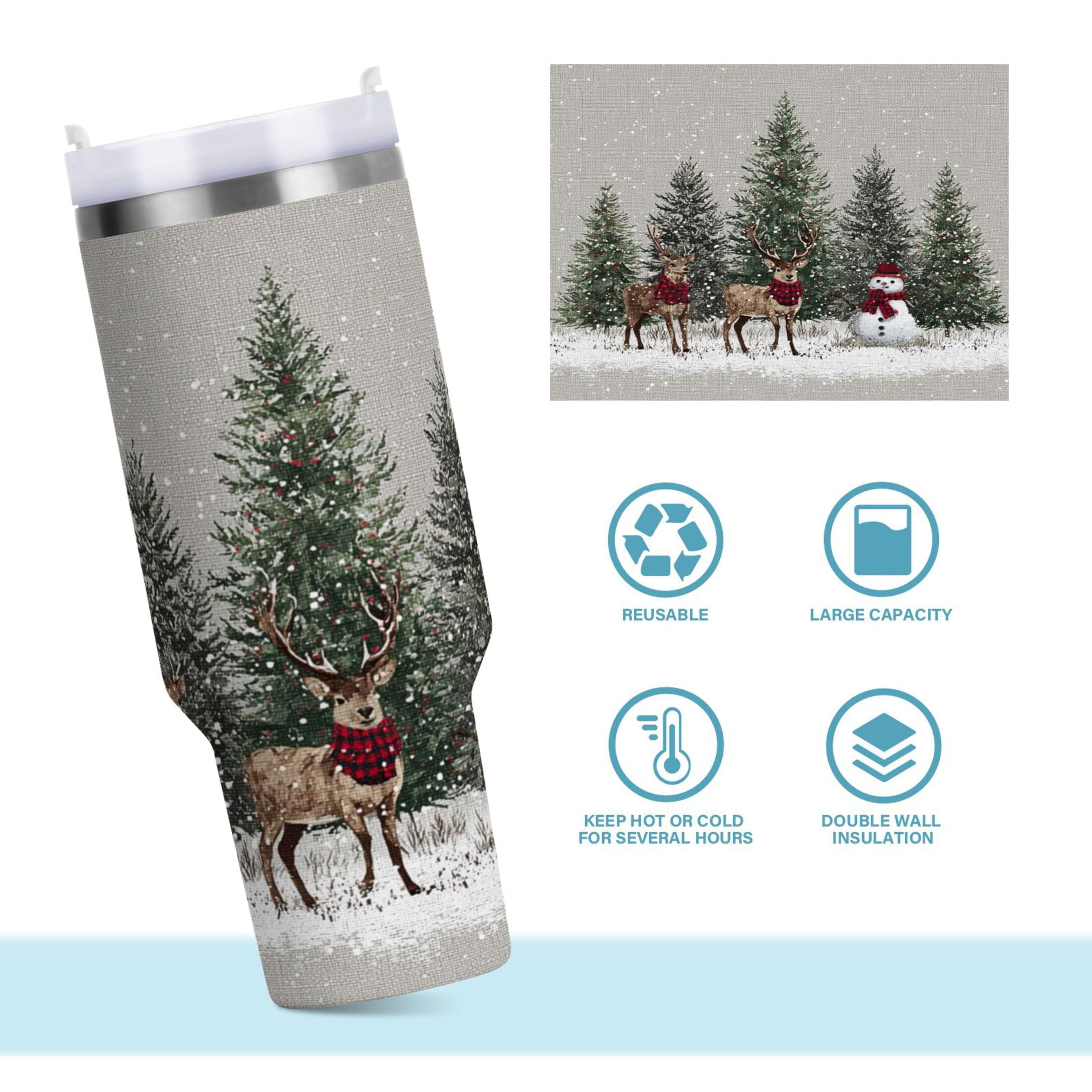 30 oz Insulated Stainless Steel Tumbler Double Wall Stainless Steel Tumbler with 2-Way Drinking Christmas Deer and Snowmen AECN