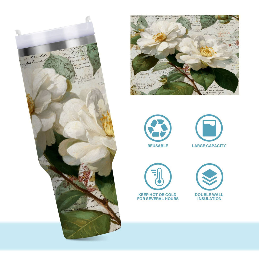 40 oz Insulated Stainless Steel Tumbler Double Wall Stainless Steel Tumbler with 2-Way Drinking Vintage White Camellias AJEN