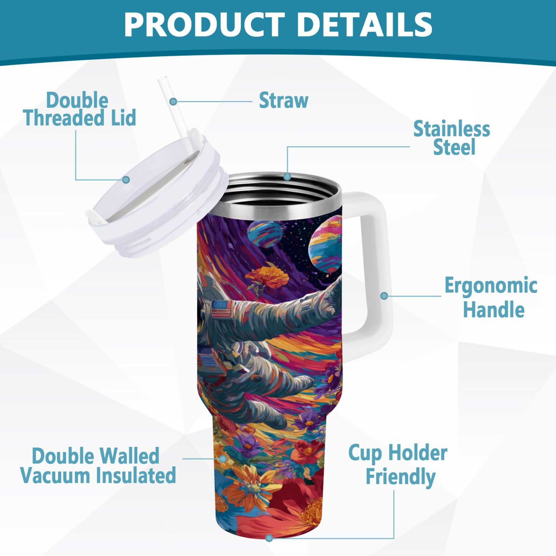 40 oz Insulated Stainless Steel Tumbler Double Wall Stainless Steel Tumbler with 2-Way Drinking Colorful Flowers and Planets 9J5M