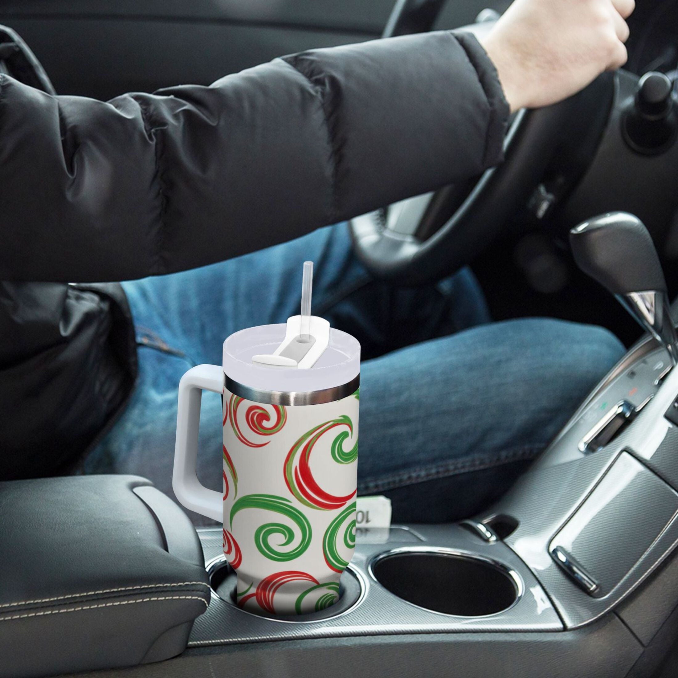 40 oz Insulated Stainless Steel Tumbler Double Wall Stainless Steel Tumbler with 2-Way Drinking Red and Green Swirls 7ABL