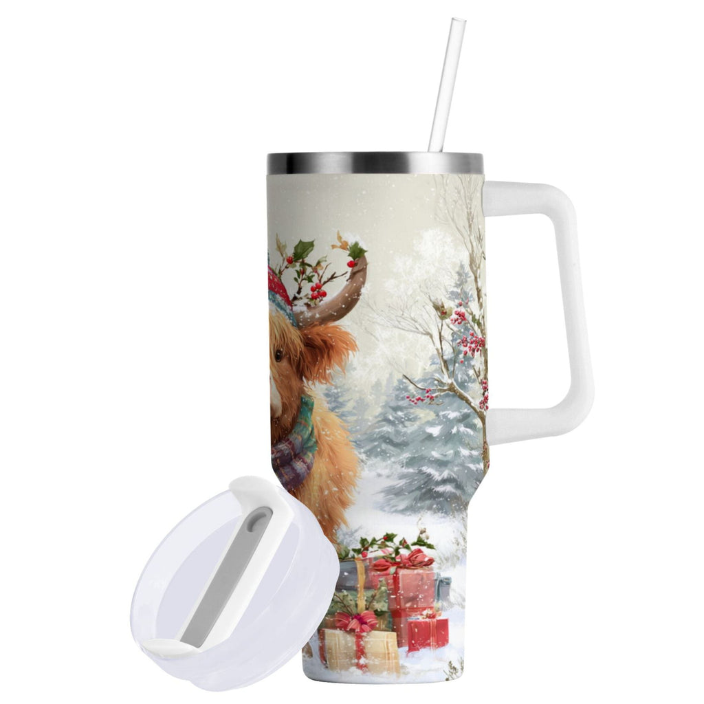 30 oz Insulated Stainless Steel Tumbler Double Wall Stainless Steel Tumbler with 2-Way Drinking Cow Wearing Christmas Hat KAB7
