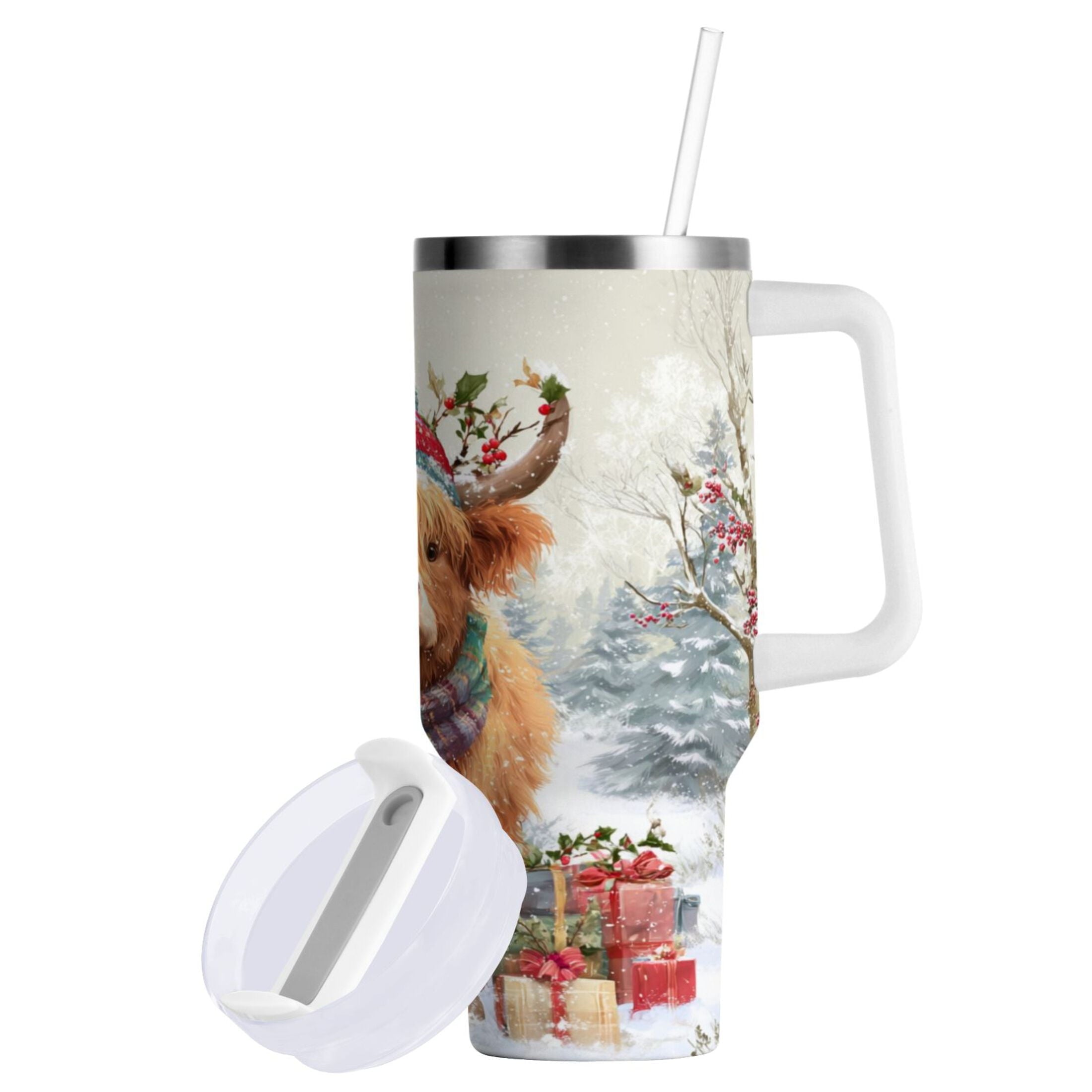 30 oz Insulated Stainless Steel Tumbler Double Wall Stainless Steel Tumbler with 2-Way Drinking Cow Wearing Christmas Hat KAB7