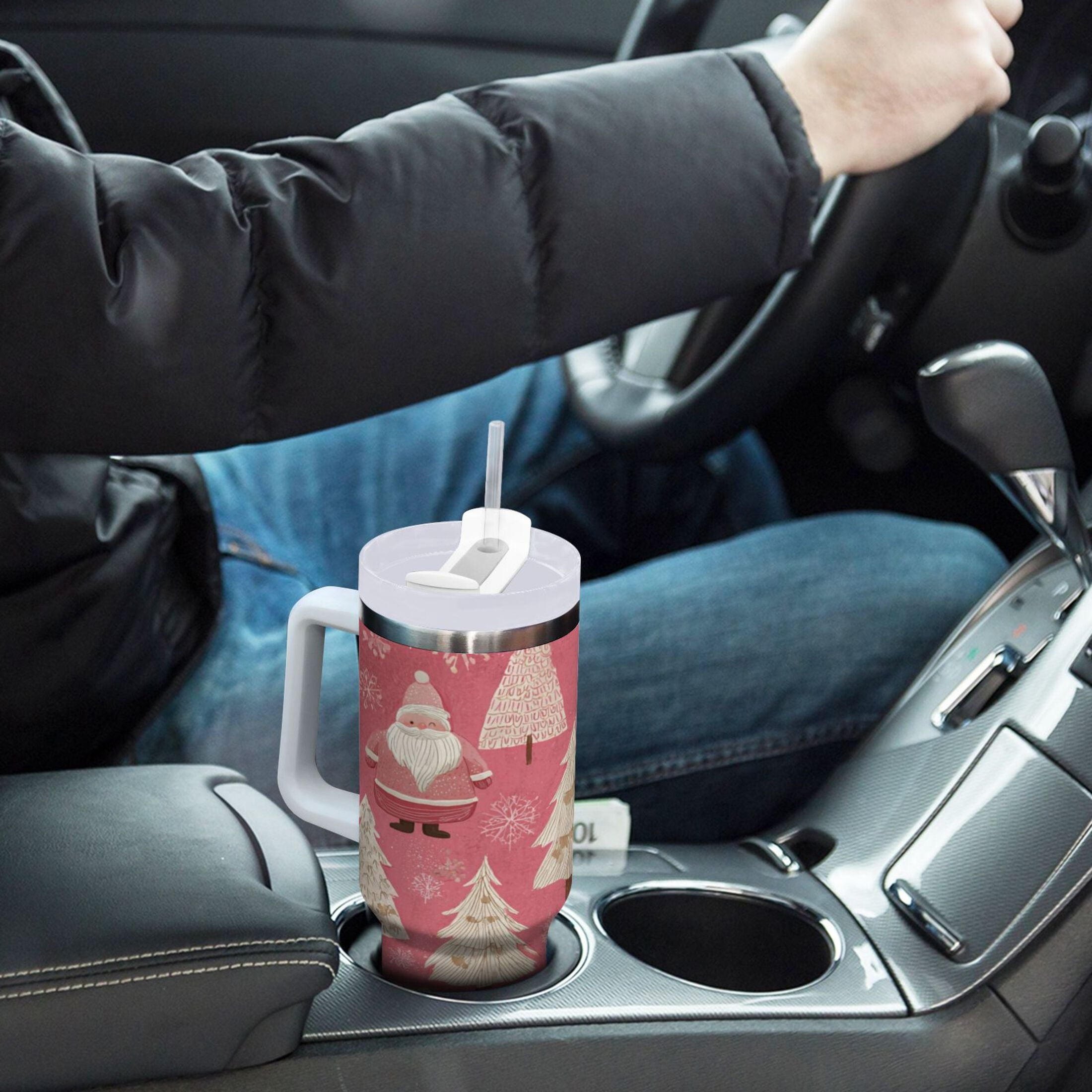 40 oz Insulated Stainless Steel Tumbler Double Wall Stainless Steel Tumbler with 2-Way Drinking Pink Santa Claus Pattern 4N9I