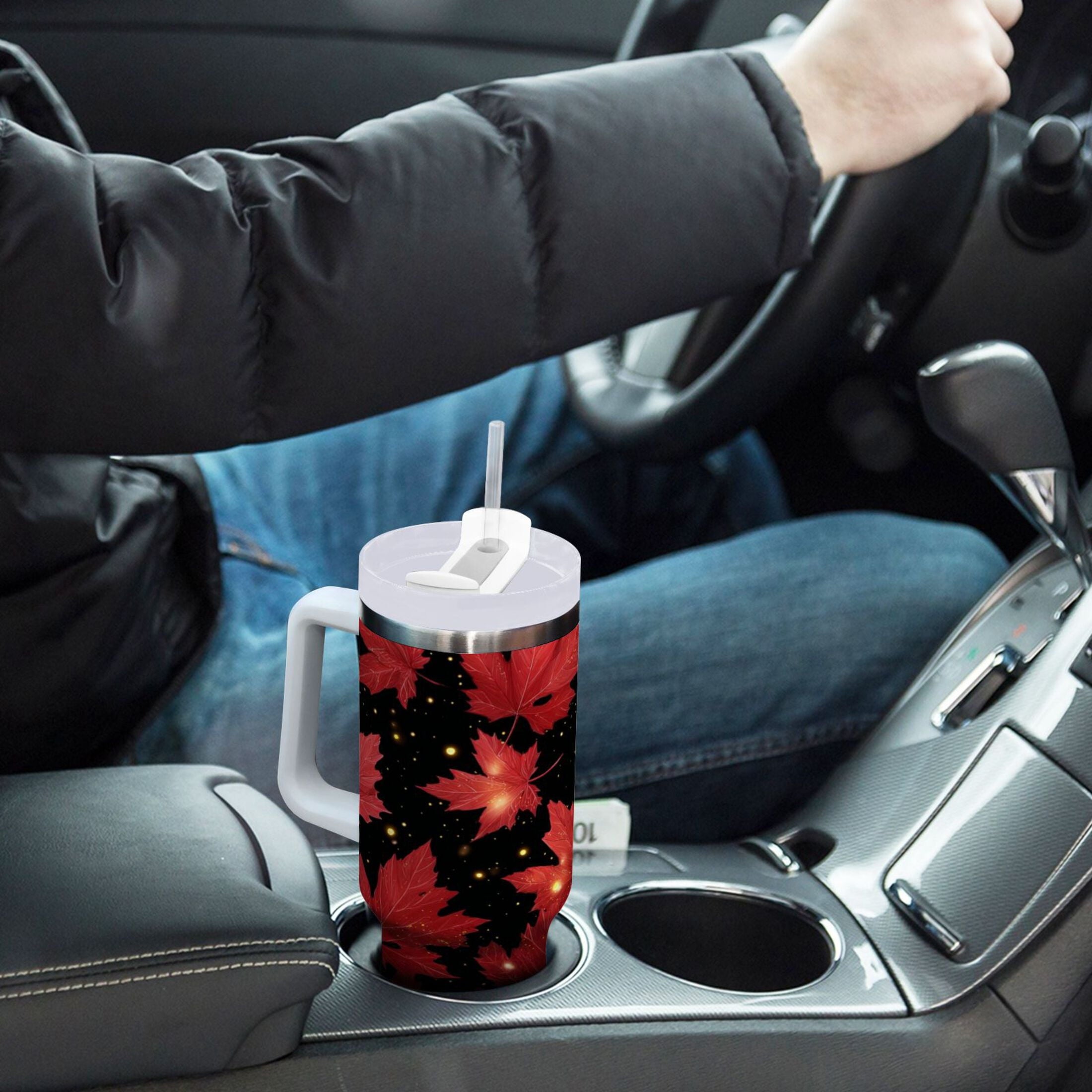 40 oz Insulated Stainless Steel Tumbler Double Wall Stainless Steel Tumbler with 2-Way Drinking Maple Leaves and Fireflies SA1A