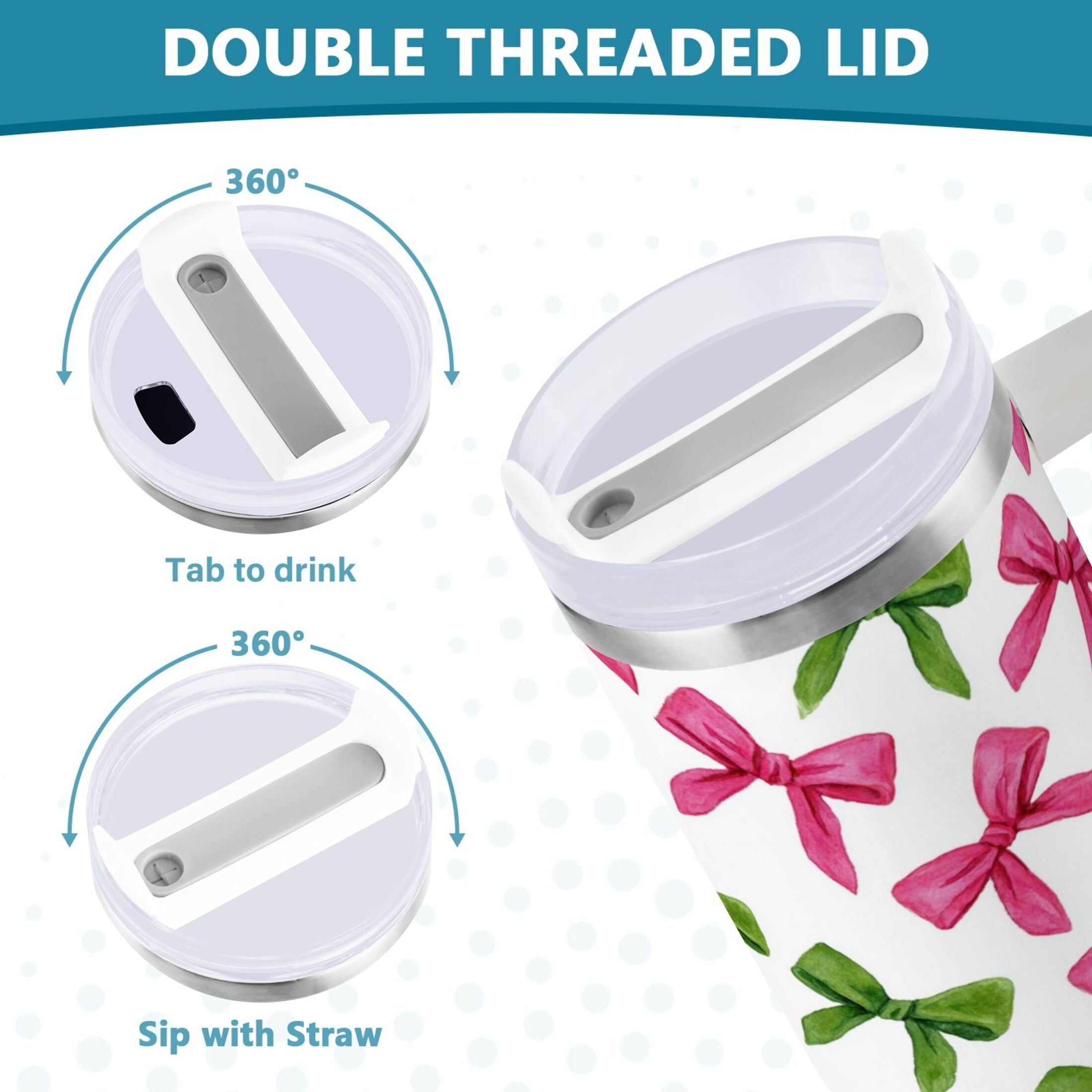 30 oz Insulated Stainless Steel Tumbler Double Wall Stainless Steel Tumbler with 2-Way Drinking Pink Bows and Green Ribbons QIXB