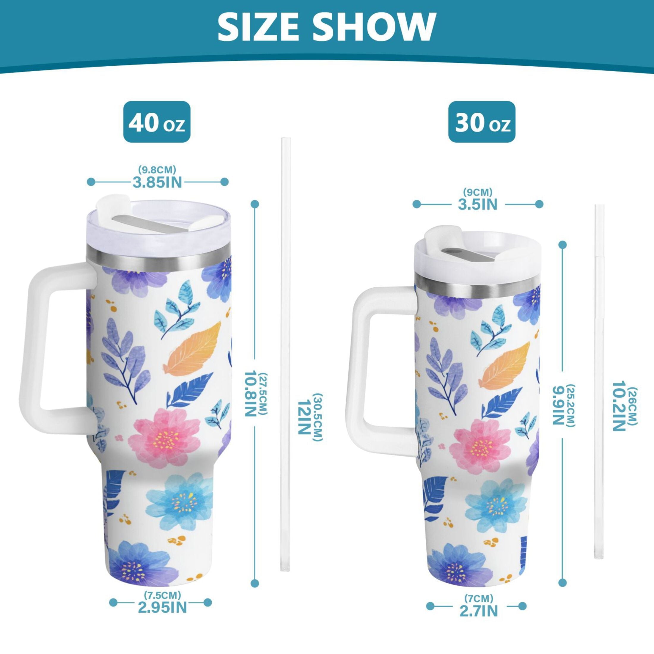 30 oz Insulated Stainless Steel Tumbler Double Wall Stainless Steel Tumbler with 2-Way Drinking Blue and Purple Flowers PV51