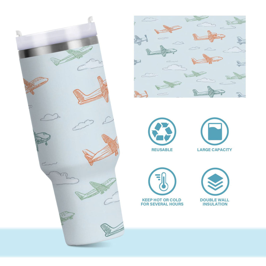 30 oz Insulated Stainless Steel Tumbler Double Wall Stainless Steel Tumbler with 2-Way Drinking Pastel Doodle Airplanes 1WDE