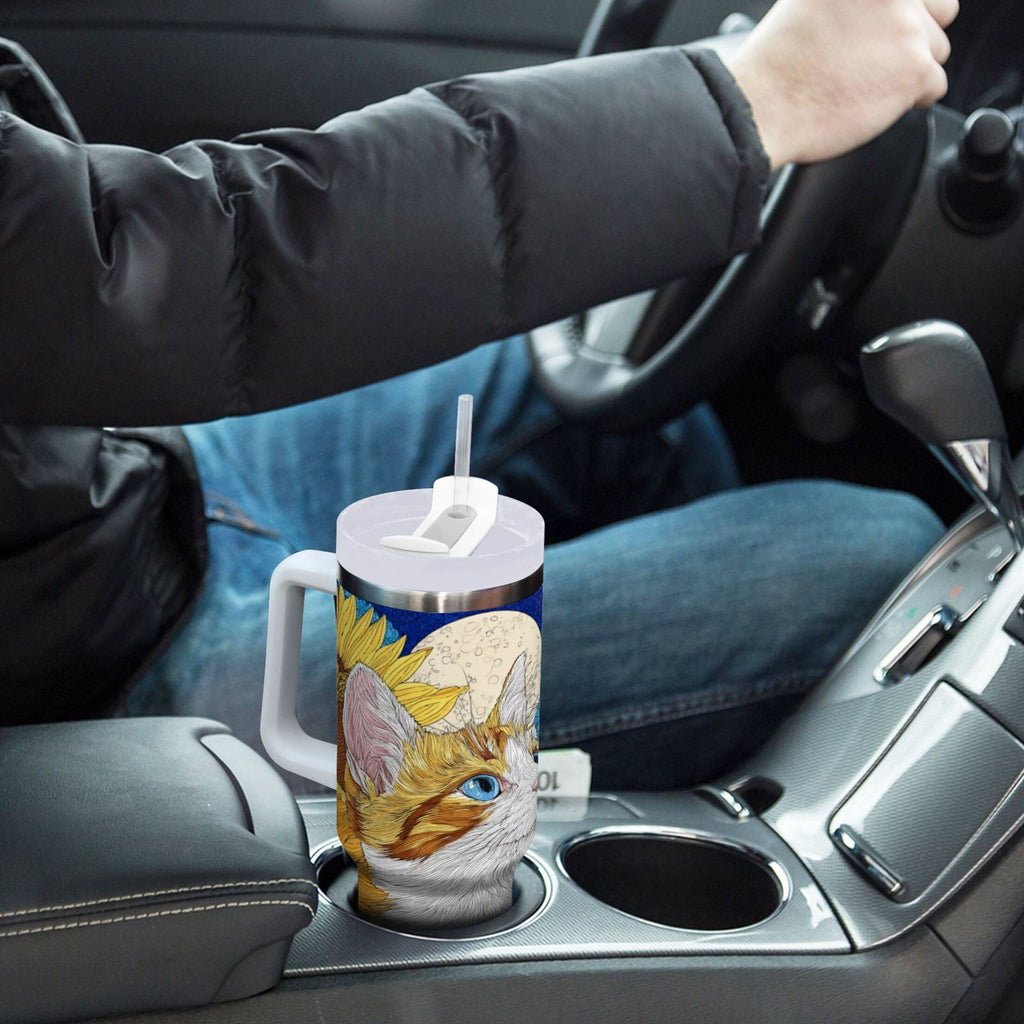 40 oz Insulated Stainless Steel Tumbler Double Wall Stainless Steel Tumbler with 2-Way Drinking Cat Lies in The Sunflowers RTSI