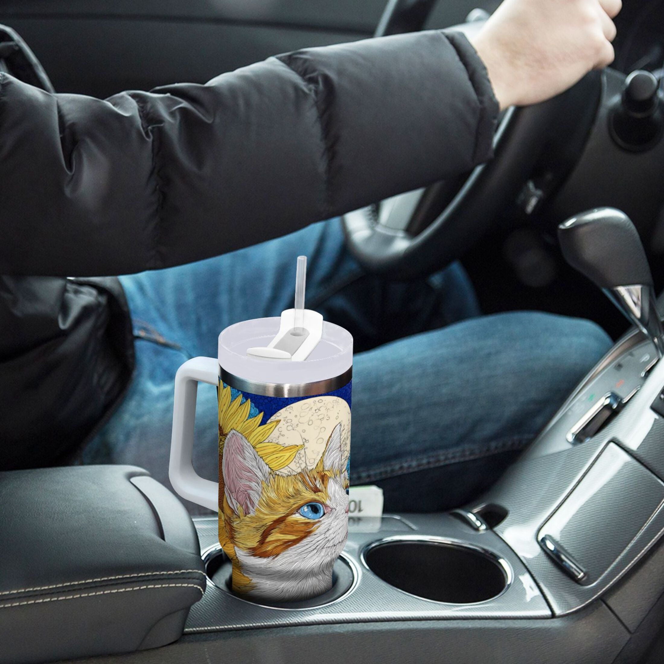 40 oz Insulated Stainless Steel Tumbler Double Wall Stainless Steel Tumbler with 2-Way Drinking Cat Lies in The Sunflowers RTSI