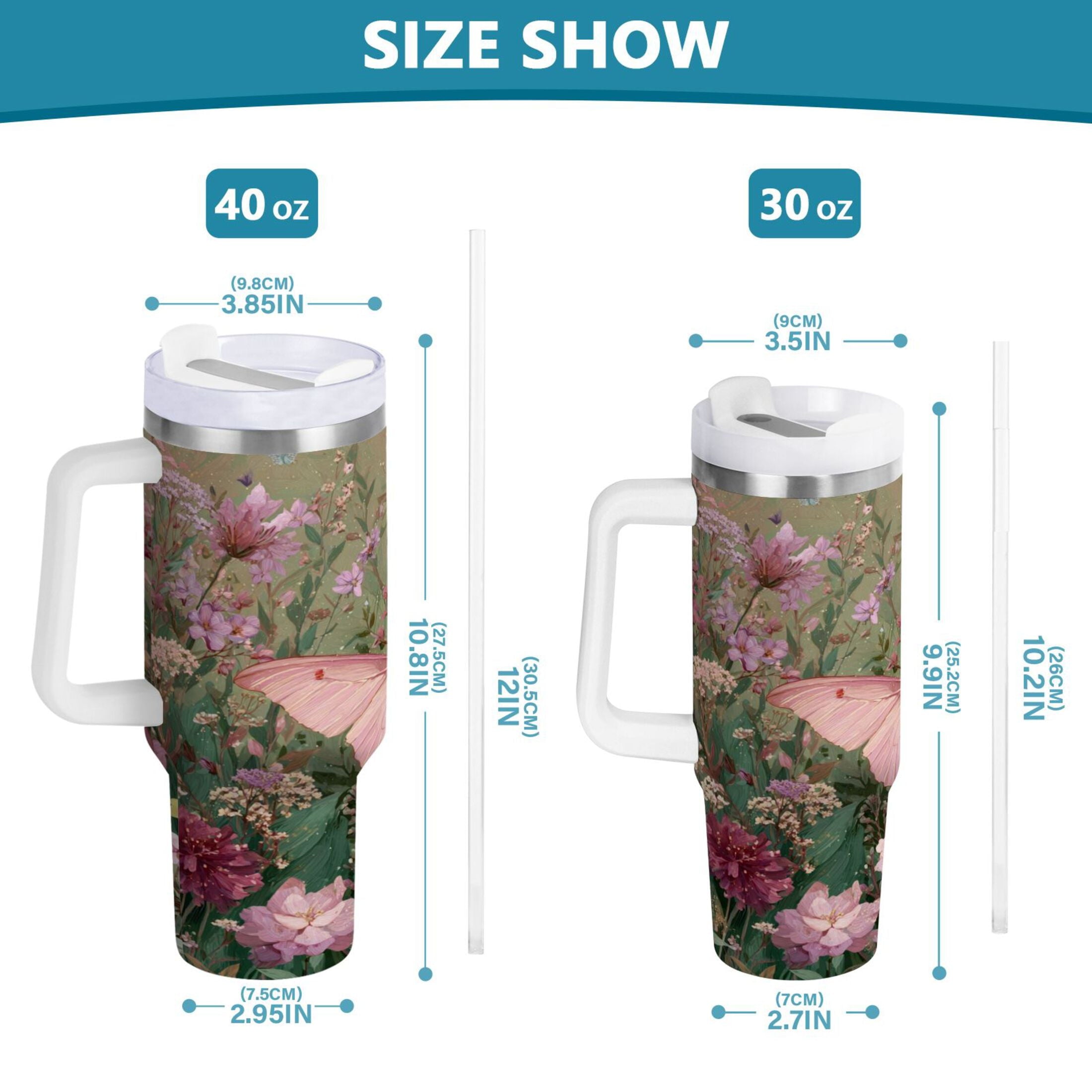 30 oz Insulated Stainless Steel Tumbler Double Wall Stainless Steel Tumbler with 2-Way Drinking Delicate Butterfly EVT1