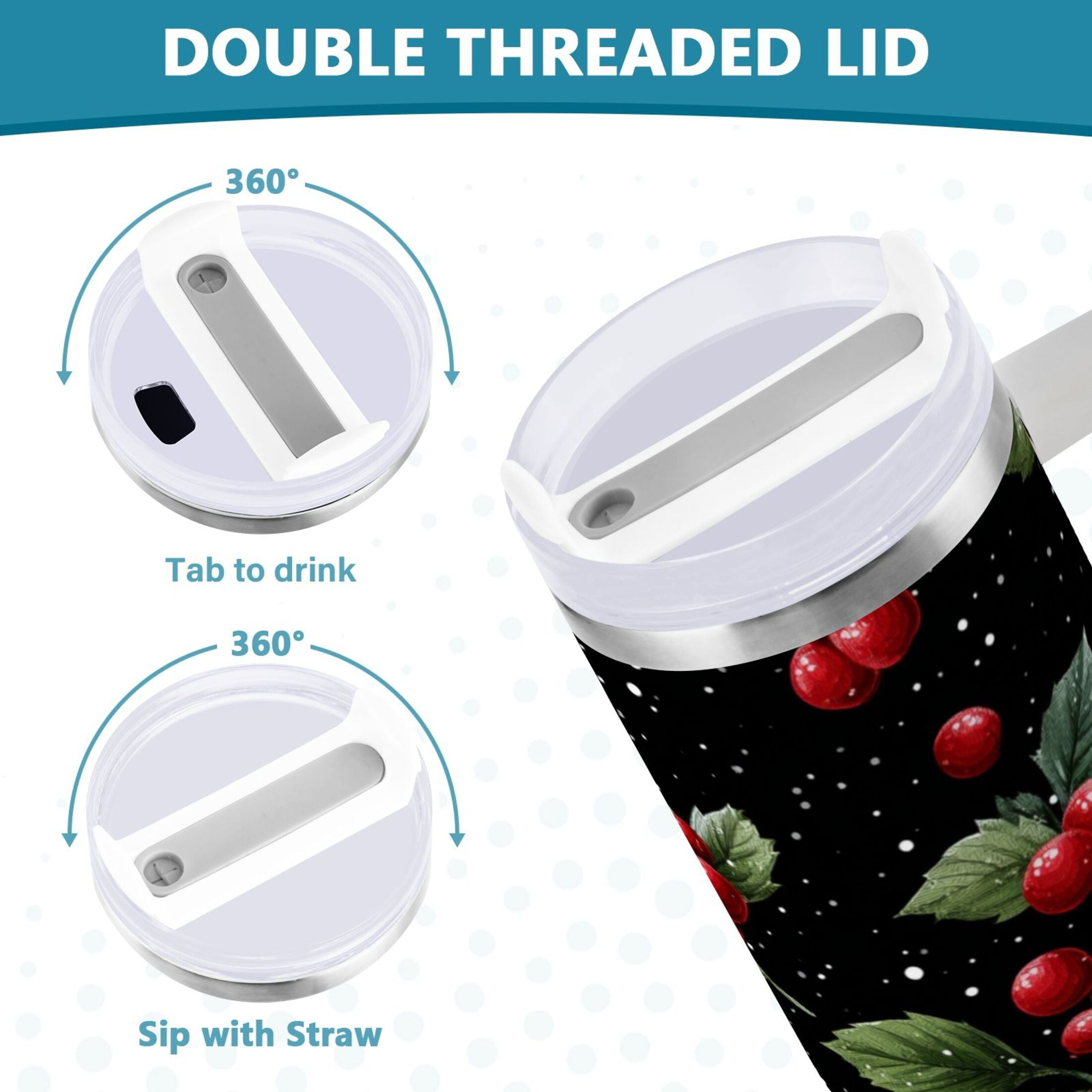 40 oz Insulated Stainless Steel Tumbler Double Wall Stainless Steel Tumbler with 2-Way Drinking Red Holly Berries Pattern JL9Z