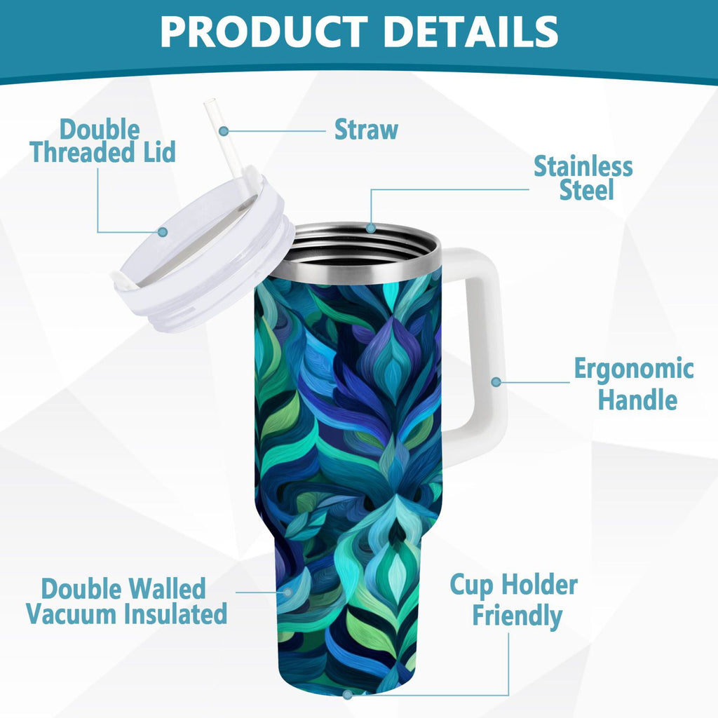 40 oz Insulated Stainless Steel Tumbler Double Wall Stainless Steel Tumbler with 2-Way Drinking Elegant Blue Abstract Shapes 0AR8