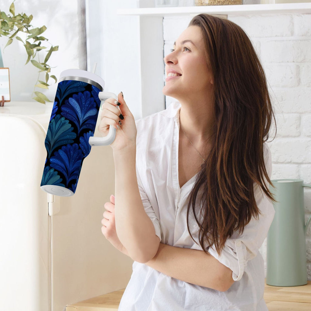 30 oz Insulated Stainless Steel Tumbler Double Wall Stainless Steel Tumbler with 2-Way Drinking Blue Batik Leaves Pattern ERED