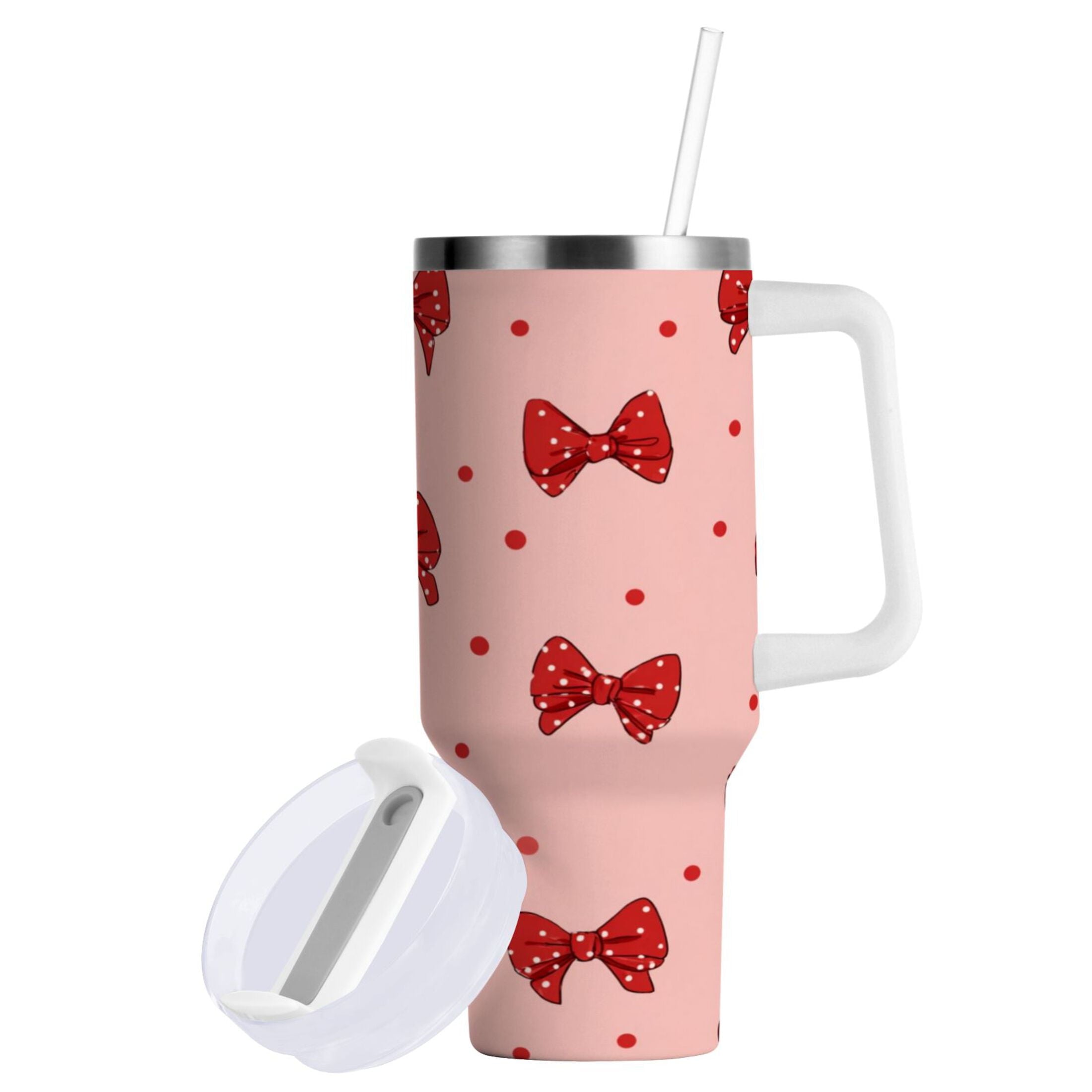 40 oz Insulated Stainless Steel Tumbler Double Wall Stainless Steel Tumbler with 2-Way Drinking Red Bows and Polka Dots MJAG