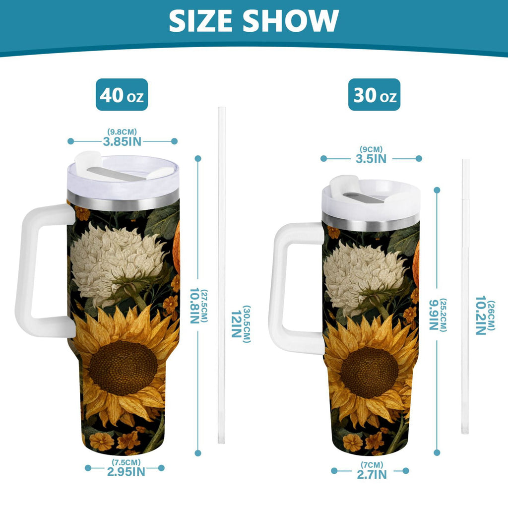 40 oz Insulated Stainless Steel Tumbler Double Wall Stainless Steel Tumbler with 2-Way Drinking Pumpkins and Sunflowers Pattern M2I1
