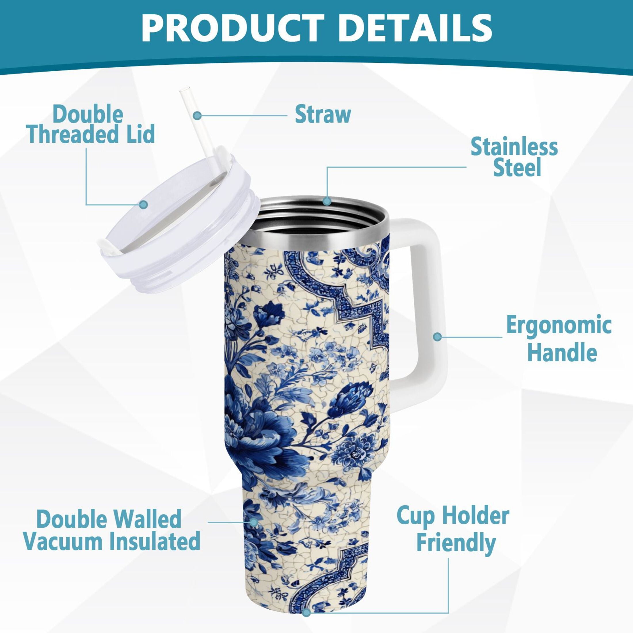 30 oz Insulated Stainless Steel Tumbler Double Wall Stainless Steel Tumbler with 2-Way Drinking Blue and White Porcelain-style 6G14