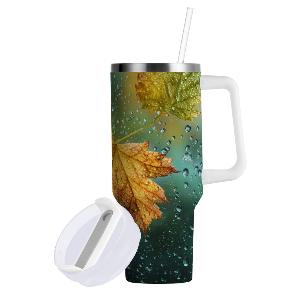 30 oz Insulated Stainless Steel Tumbler Double Wall Stainless Steel Tumbler with 2-Way Drinking Leaves with Water Droplets CYU6