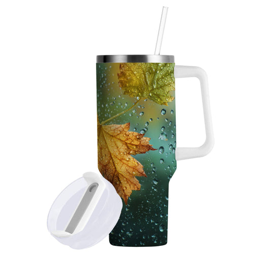 30 oz Insulated Stainless Steel Tumbler Double Wall Stainless Steel Tumbler with 2-Way Drinking Leaves with Water Droplets CYU6